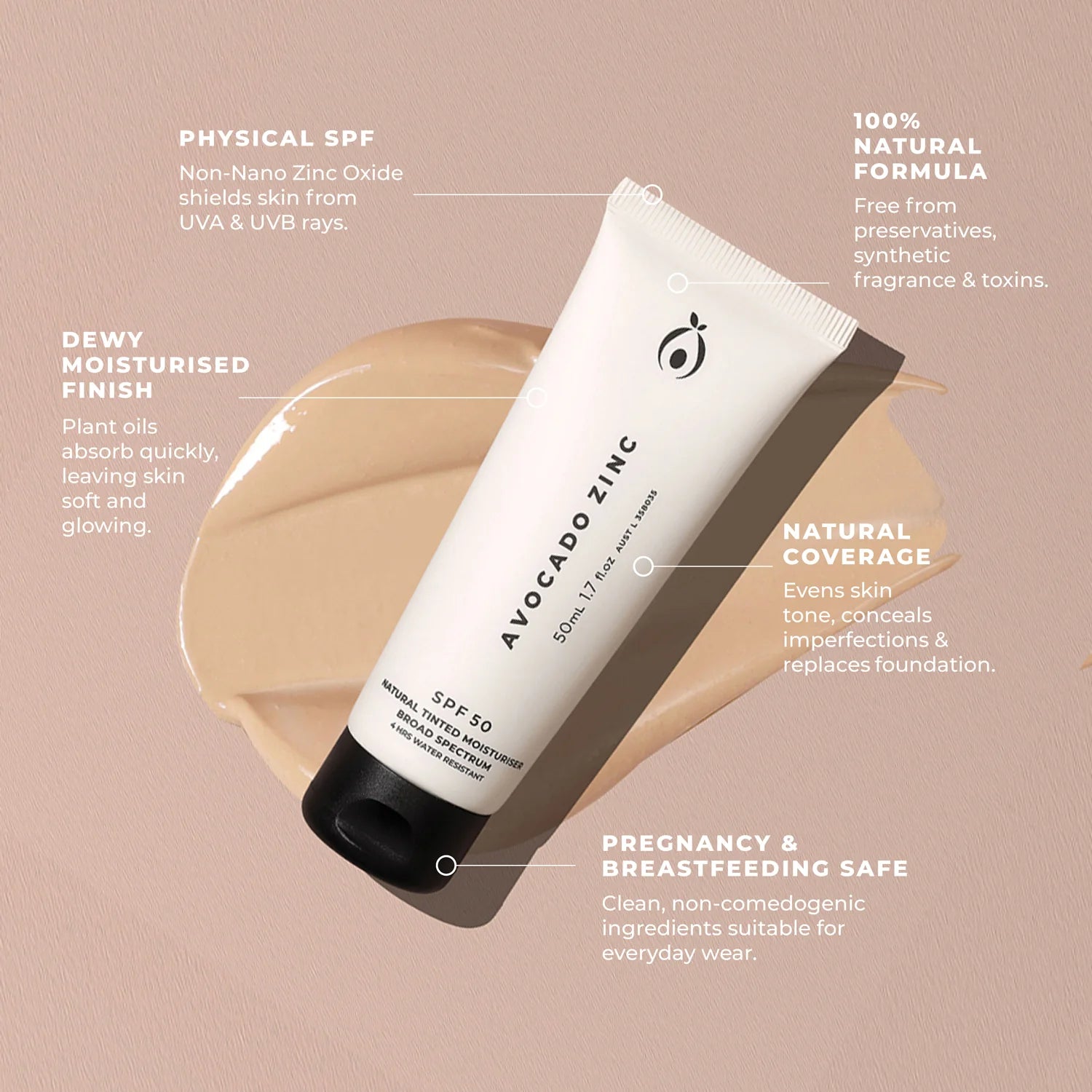 Avocado Zinc | SPF 50 Natural Tinted Moisturiser - Light/Medium