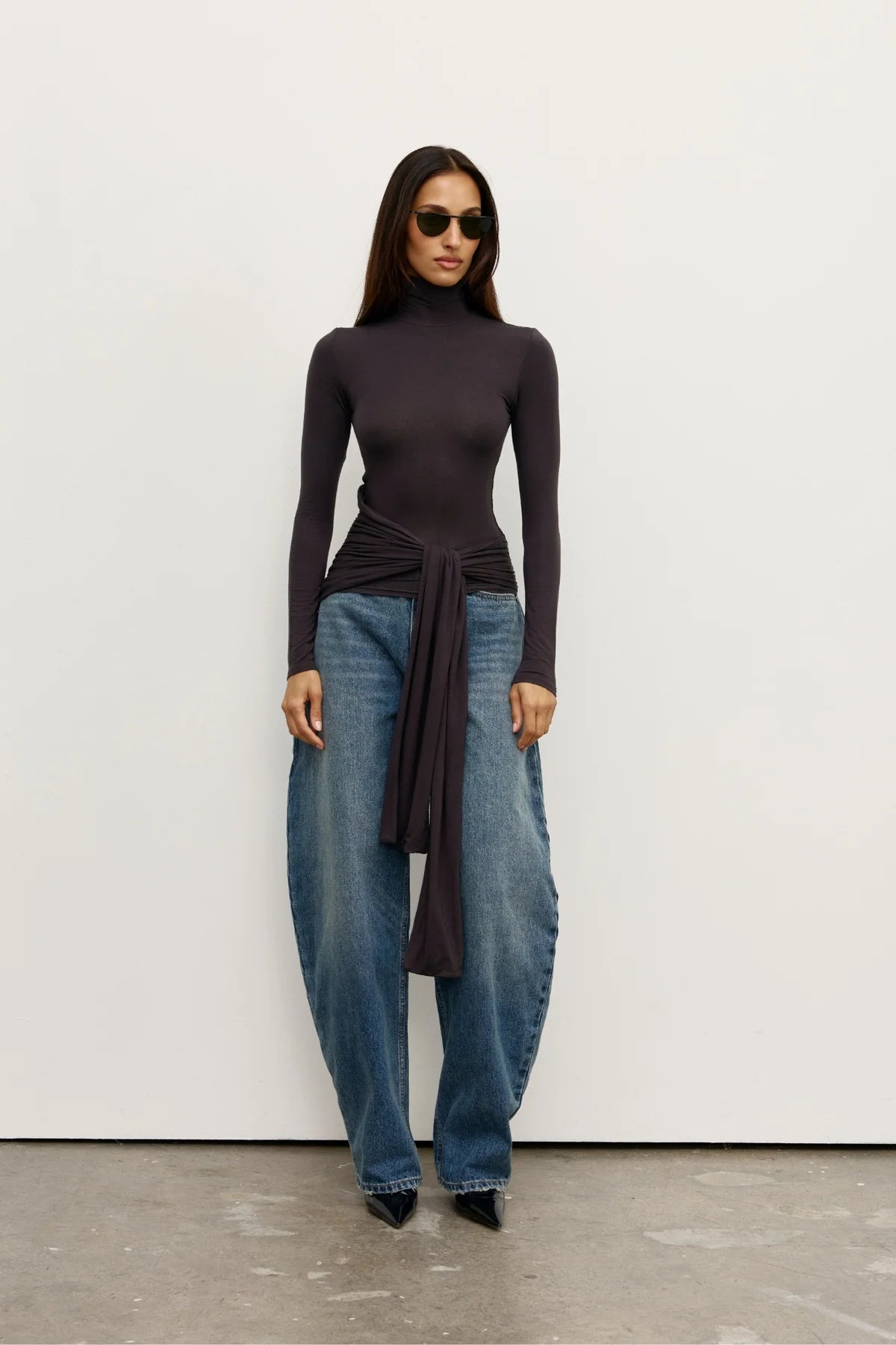 Bayse Isley Top in Charcoal - front view, body-skimming fit with high neckline and tie detail