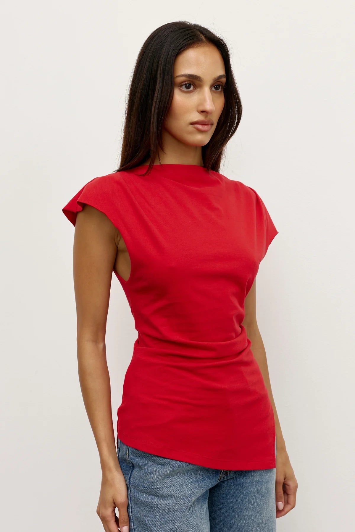 Bayse Liana Top in Red - full length view styled with straight-leg denim