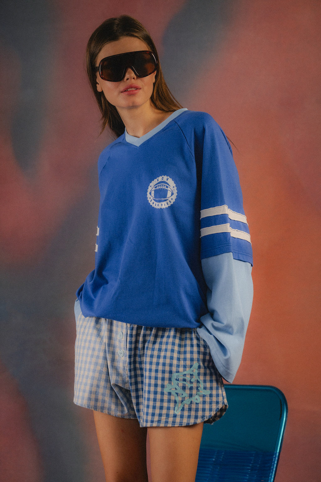 Ciao Ciao Vacation Imperial Double Trouble LS Tee - front view, cobalt blue sports jersey with CCV Shorties badge