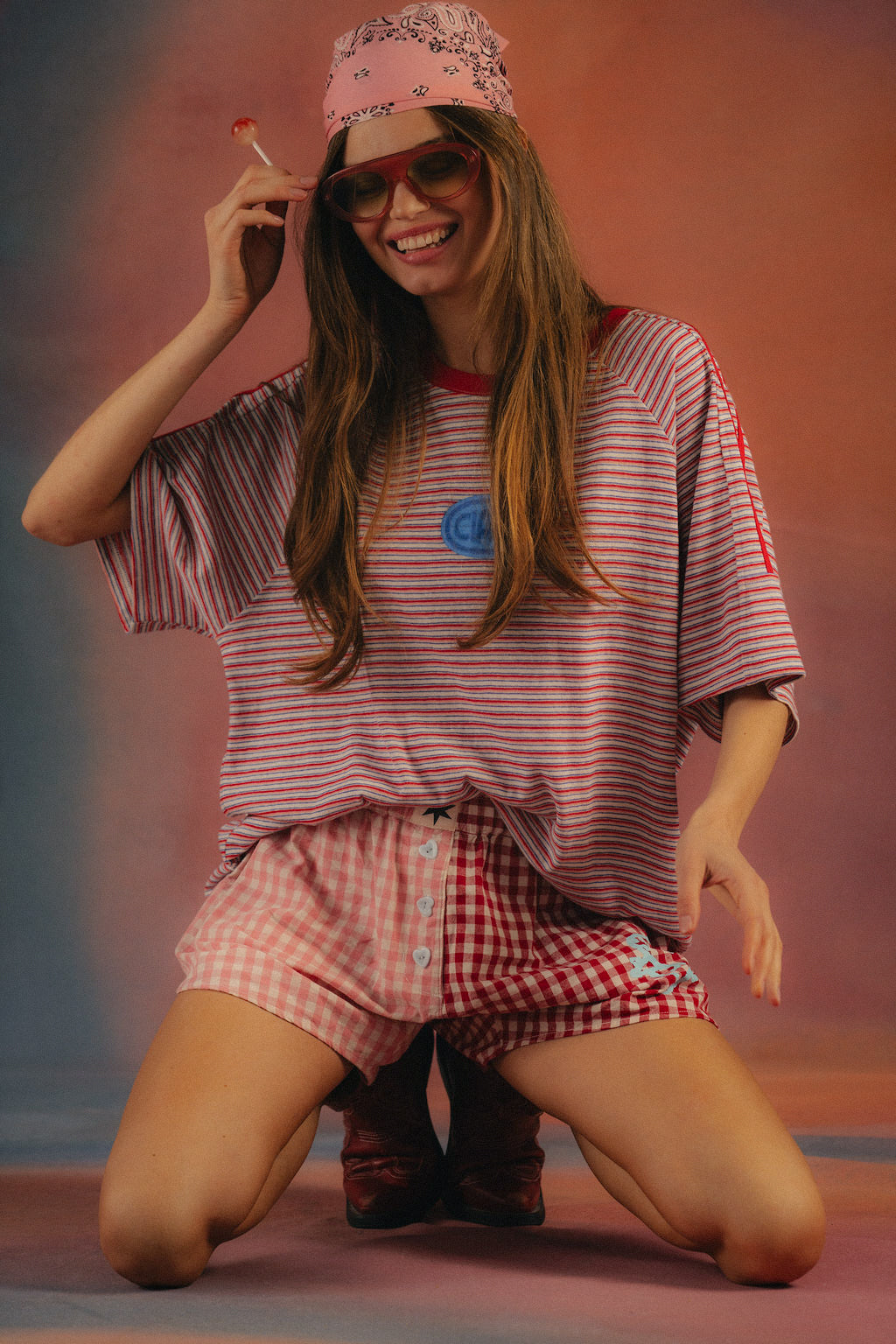 Ciao Ciao Vacation Rays Racer Tee - campaign shot showing retro stripe pattern and relaxed fit