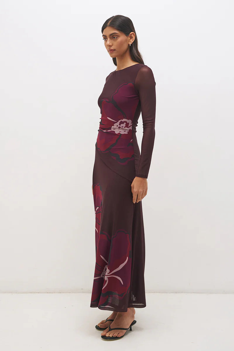 Mon Renn Lima Maxi Dress in Cherry Floral — side view showing full maxi length, angled dropped waist with side gathers and flared skirt in cherry floral mesh