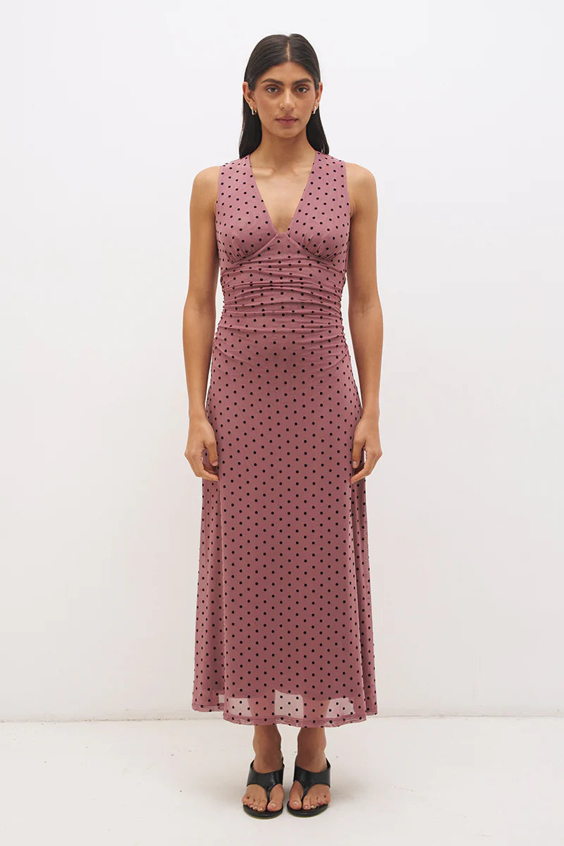 Mon Renn Sonata Spot Dress in Rosewood And Black — full length front view showing plunging V-neckline, ruched empire bodice and full maxi skirt in flocked rosewood polka dot mesh