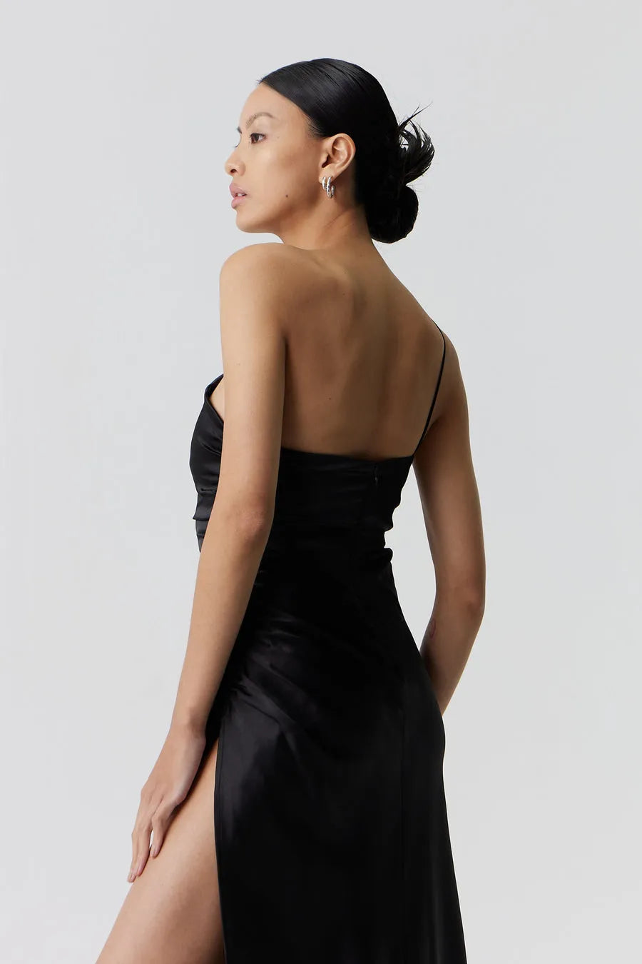 Third Form | Satin Gather One Shoulder Dress - Black