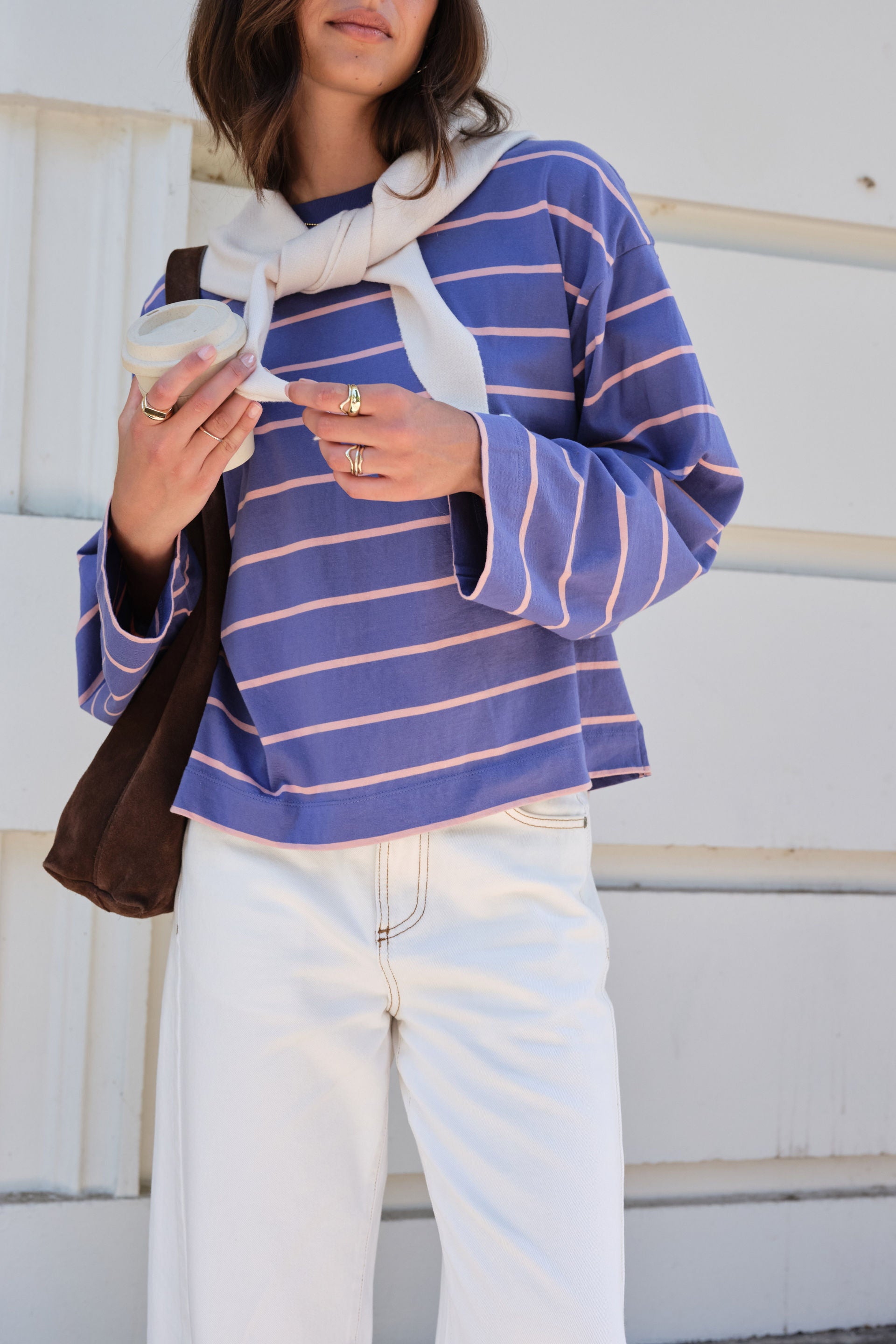Ceres Life | Beau Long Sleeve Slouchy Tee - Washed Navy/Pink Clay