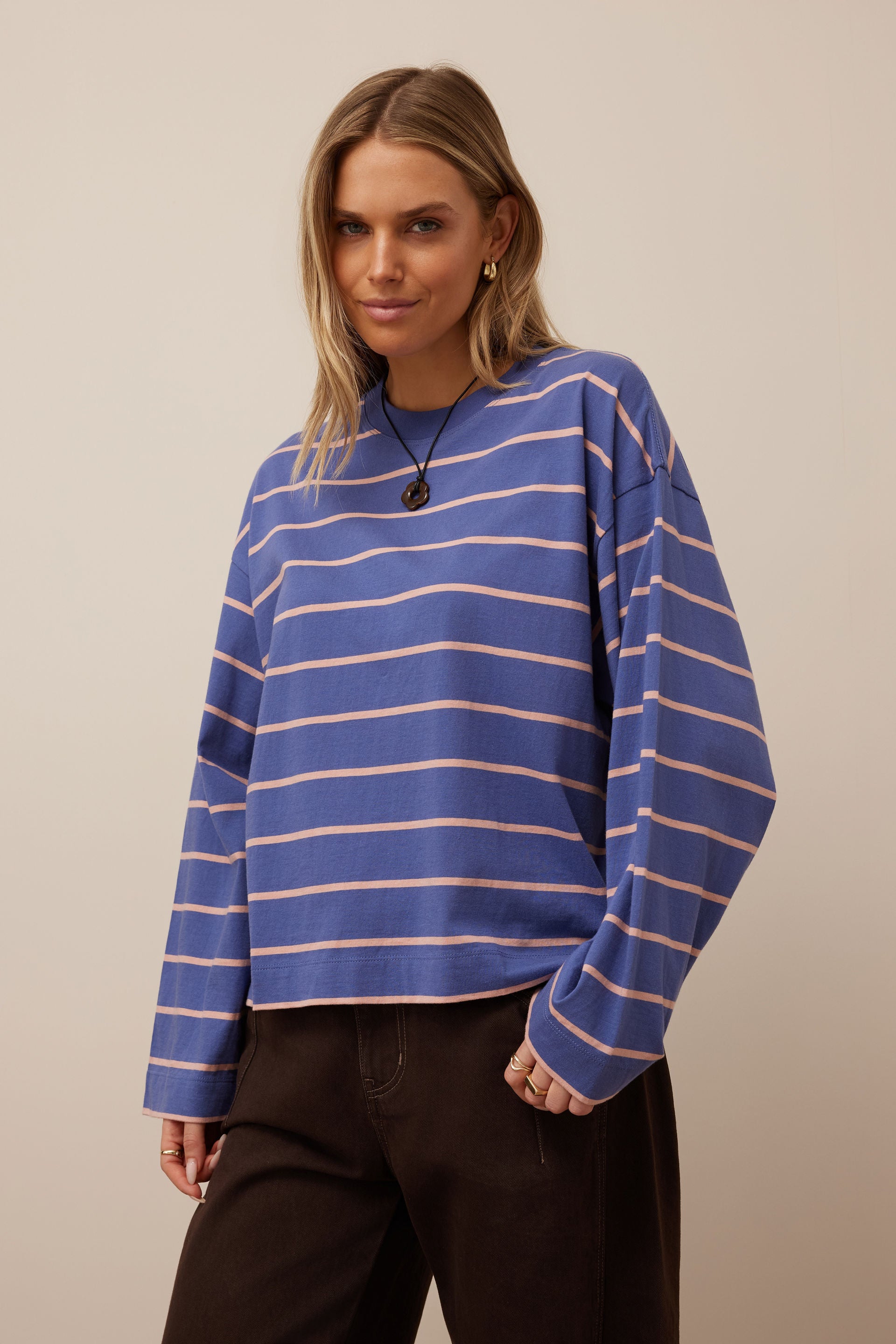 Ceres Life | Beau Long Sleeve Slouchy Tee - Washed Navy/Pink Clay