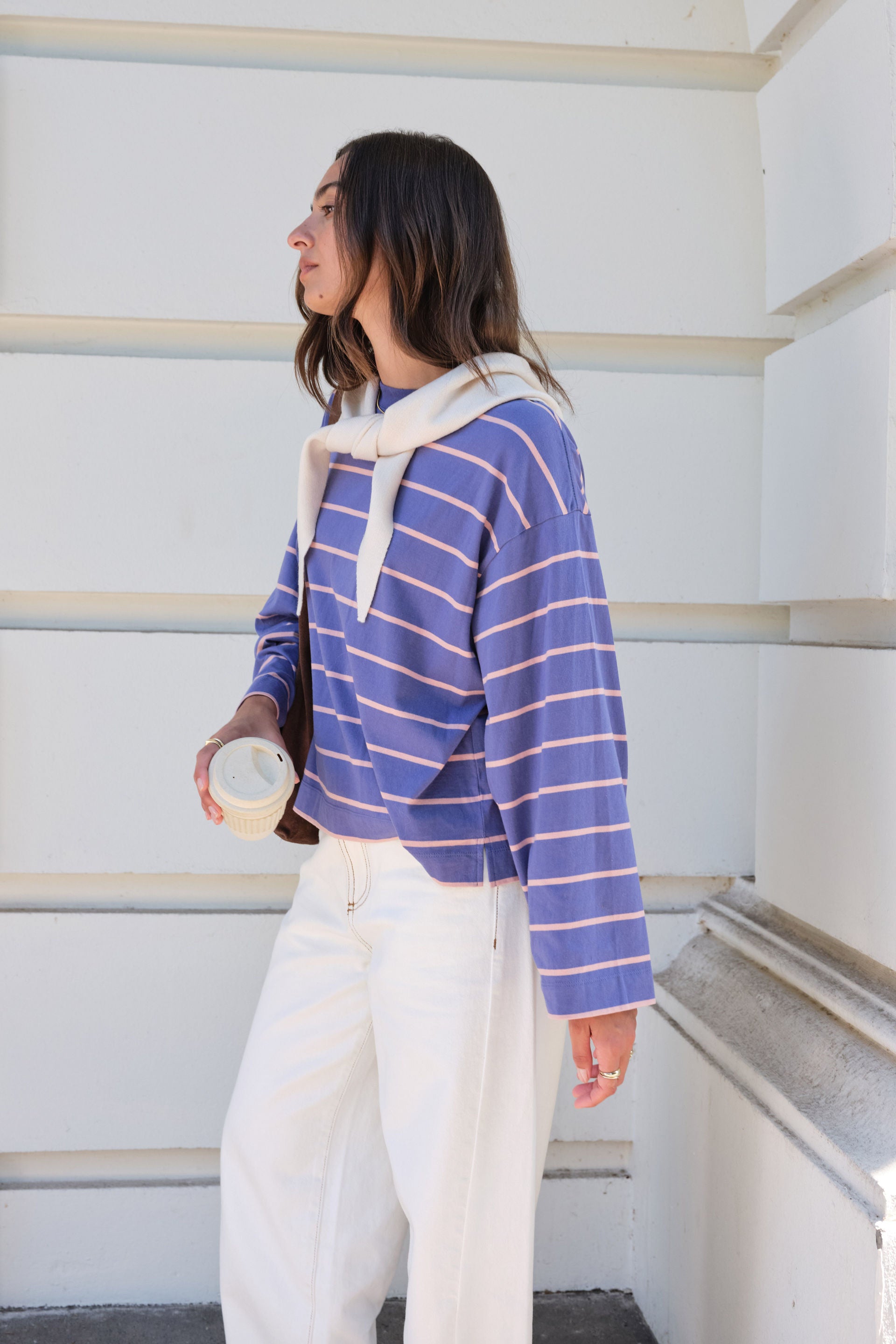 Ceres Life | Beau Long Sleeve Slouchy Tee - Washed Navy/Pink Clay