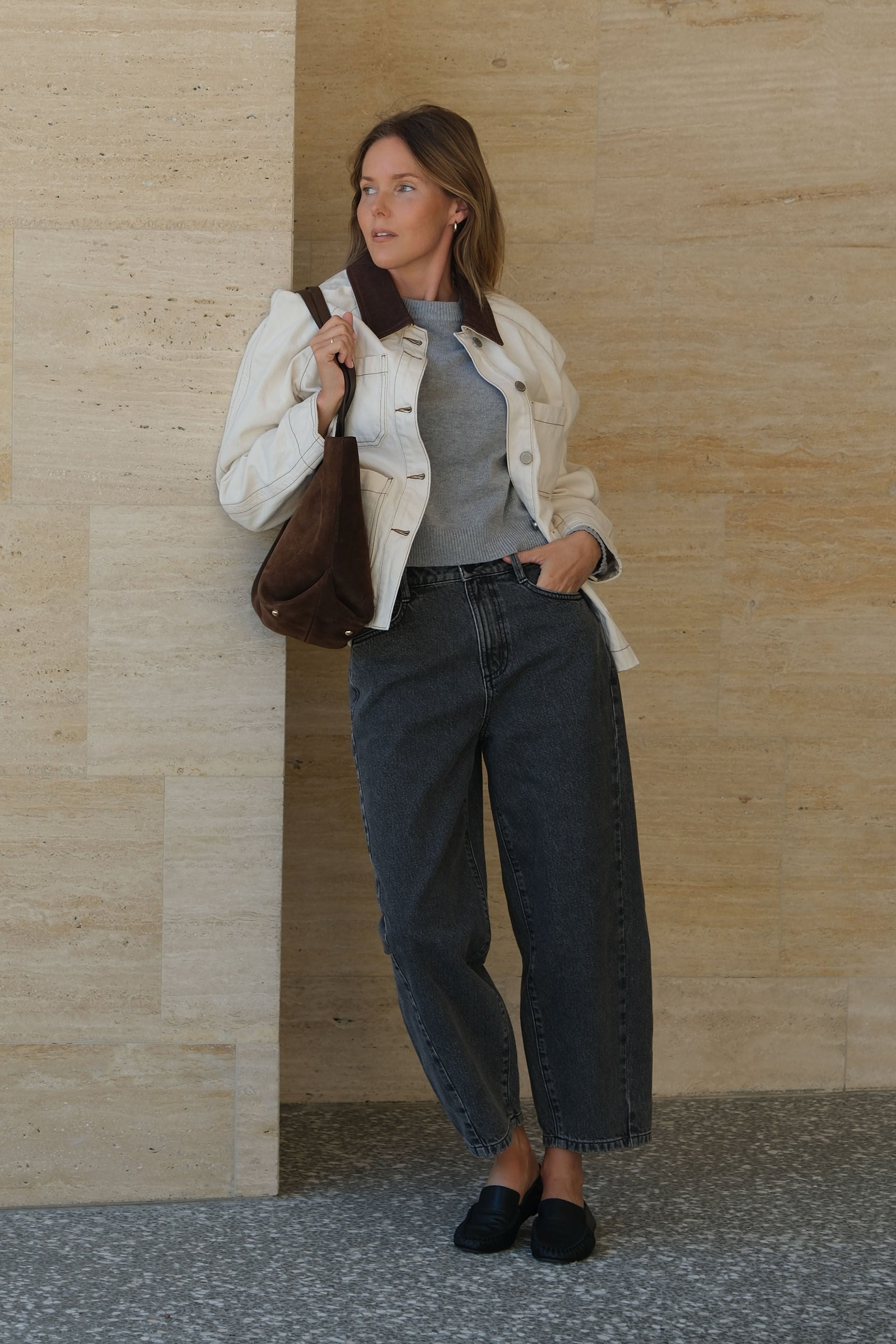 Ceres Life | Maggie Tapered Barrel Jean - Faded Black