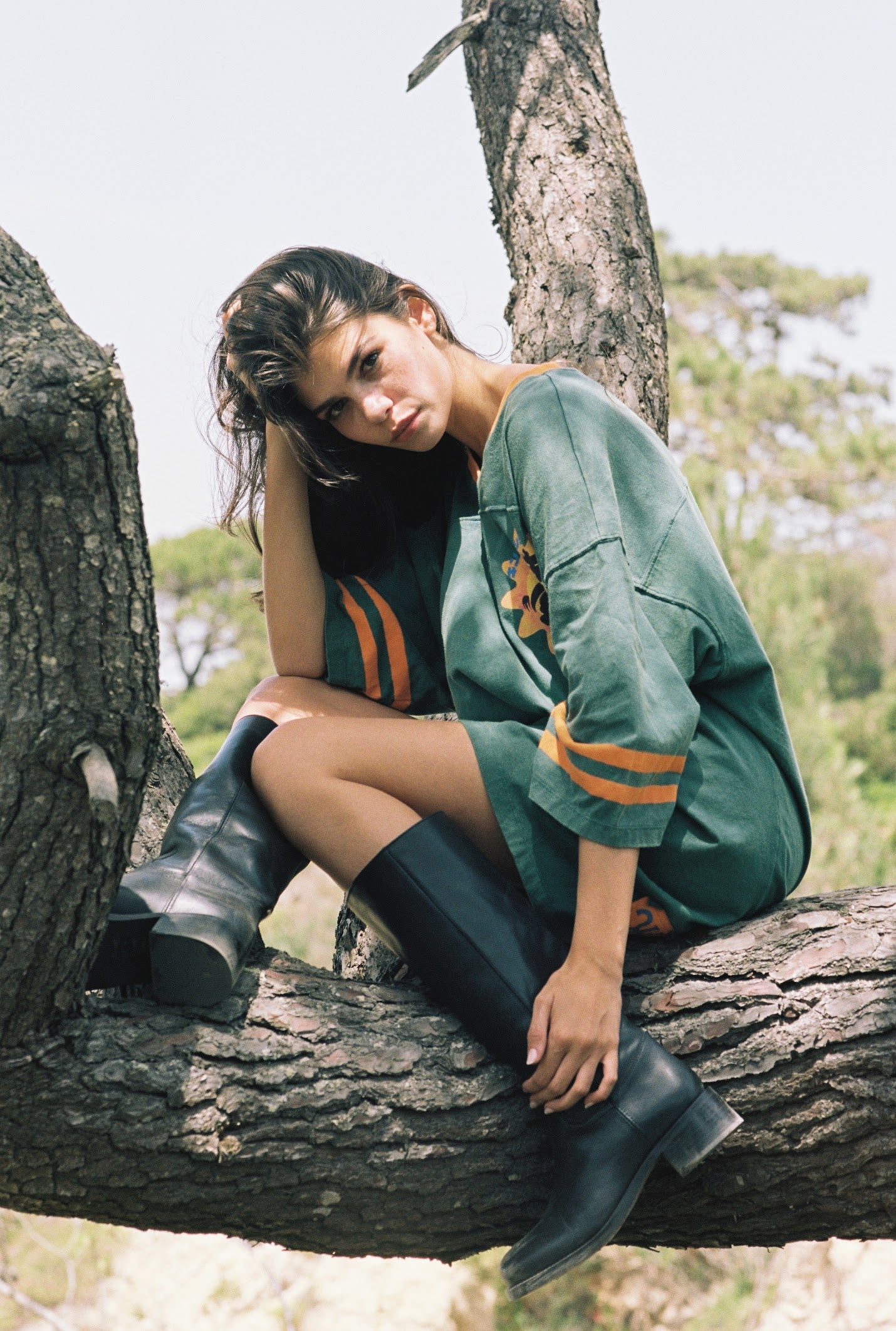 Kinga Csilla 77 Sun Team Tee Dress in forest green — sports-inspired V-neck mini dress from the Domenica Collection