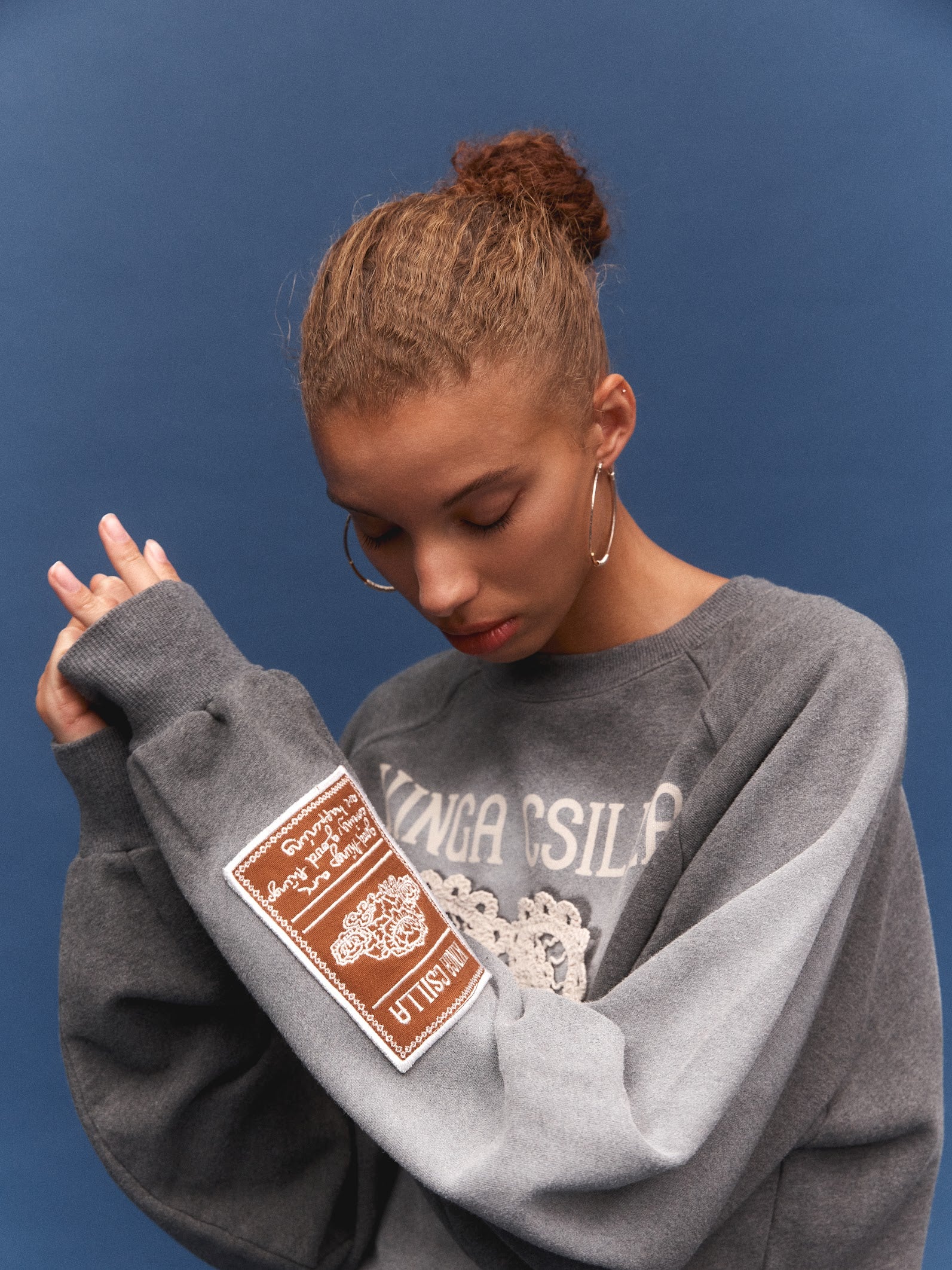 Kinga Csilla Day Hearts Med Jumper in grey marle — campaign image from the Domenica Collection