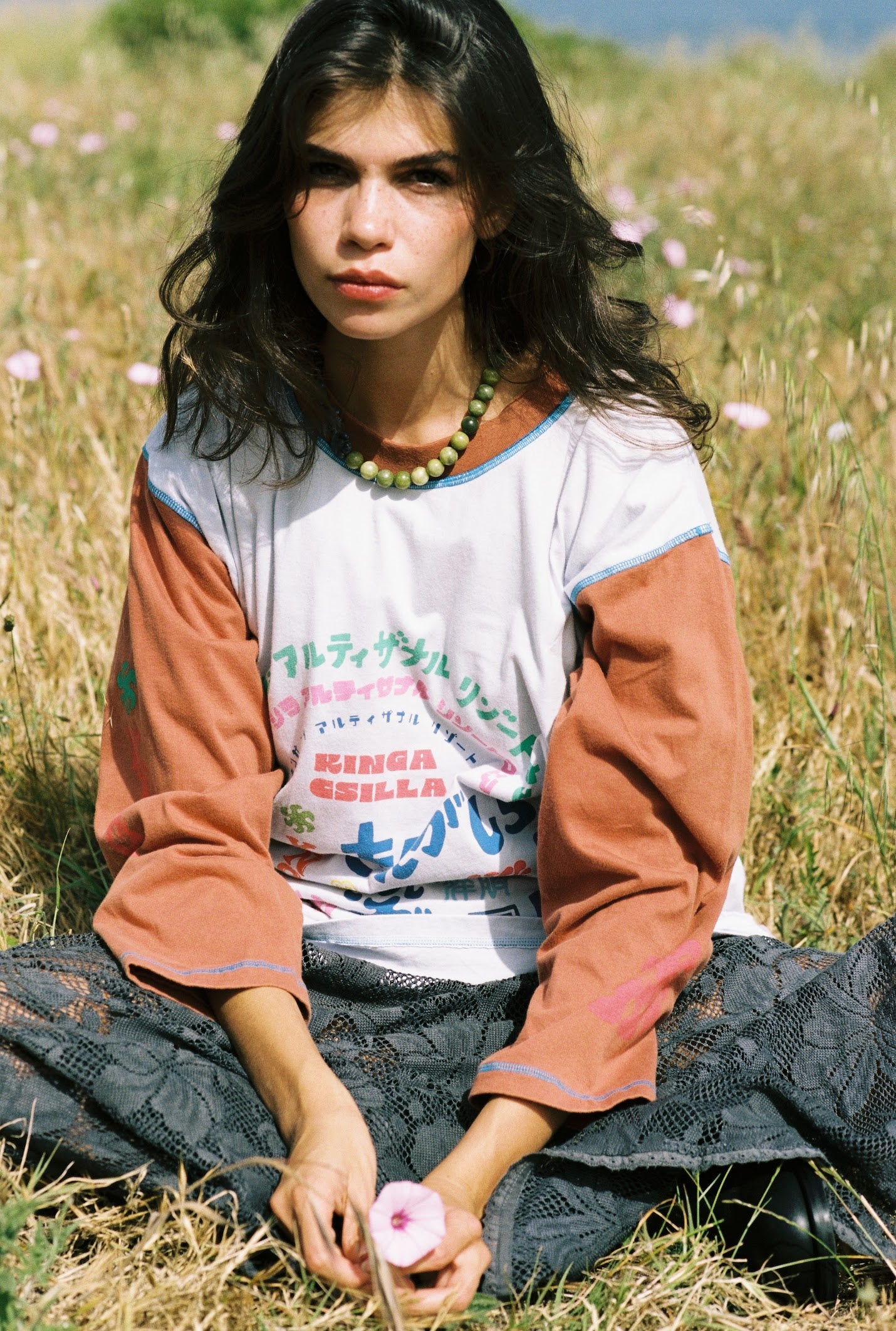 Kinga Csilla Japanese Sunset Tommy Tee in white — front view of full graphic artwork featuring Japanese and English Kinga Csilla text