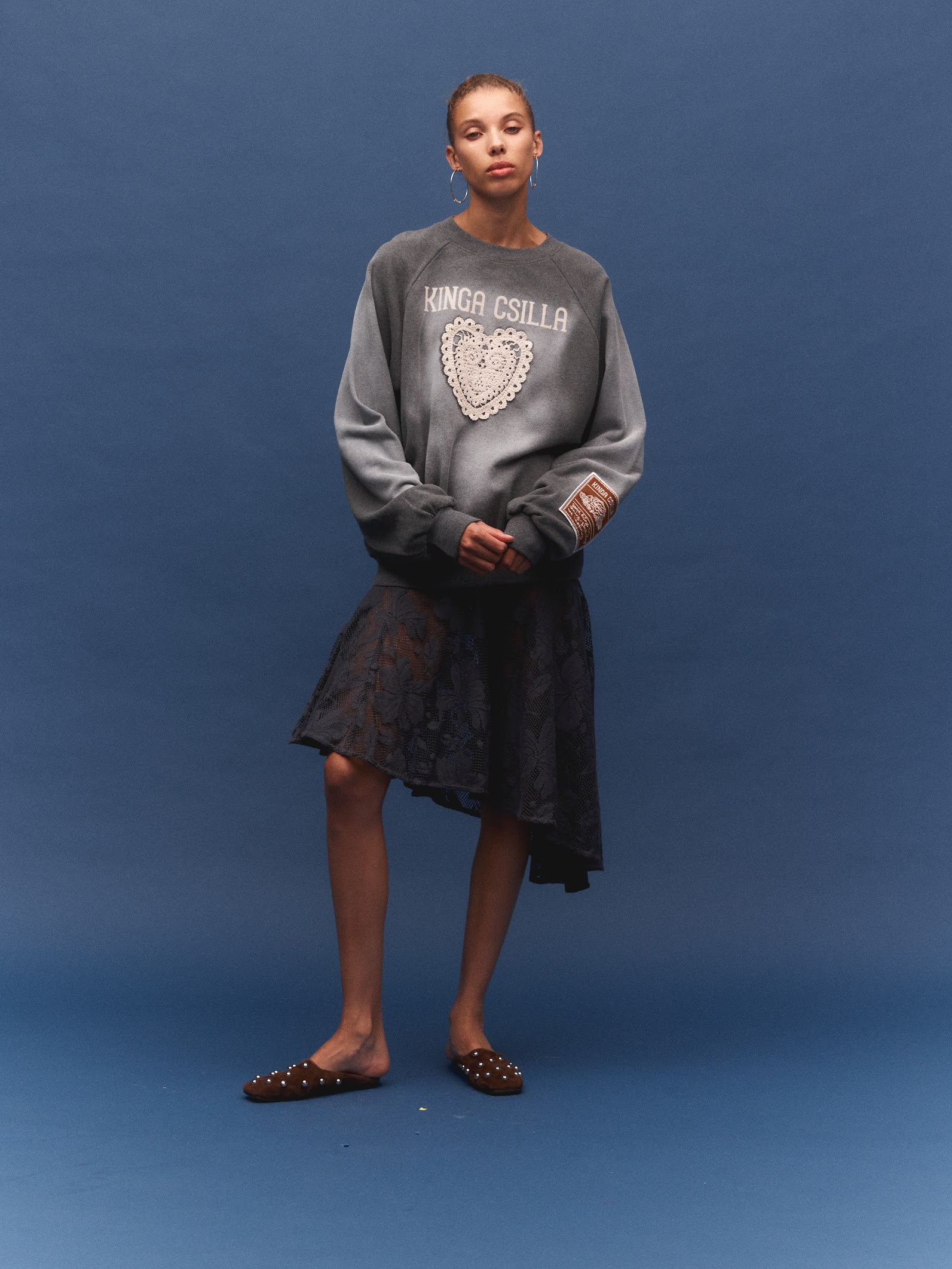 Kinga Csilla Midnight Lace Notte Skirt in midnight — styled with Japanese Sunset Tommy Tee for a high-low print contrast