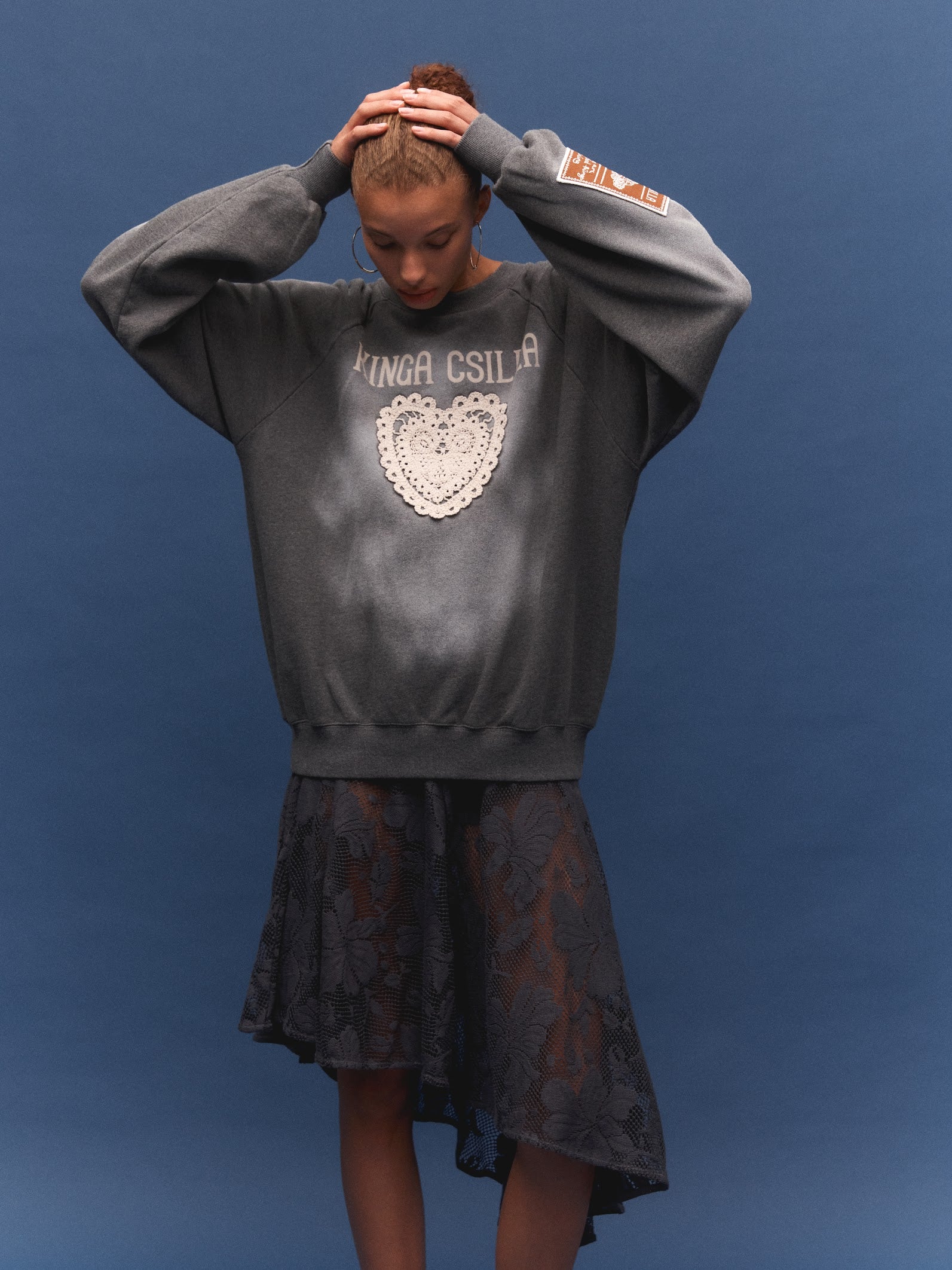 Kinga Csilla Day Hearts Med Jumper — oversized sweatshirt styled with lace midi skirt, Domenica Collection