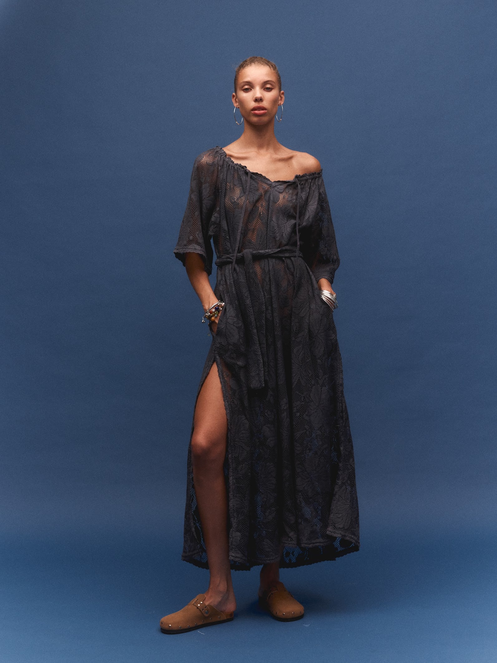 Kinga Csilla Midnight Lace Primavera Maxi Dress in midnight — studio detail shot of lace texture and elbow-length sleeves
