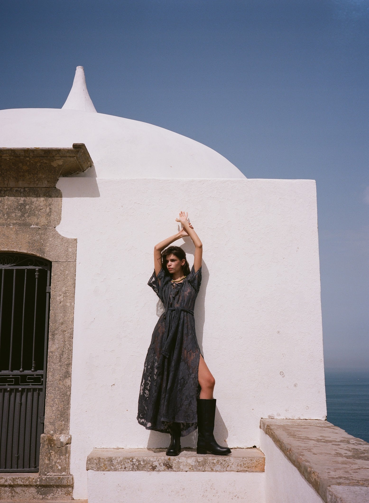 Kinga Csilla Midnight Lace Primavera Maxi Dress in midnight — self-tie drawstring waist and elbow-length sleeves, semi-sheer lace