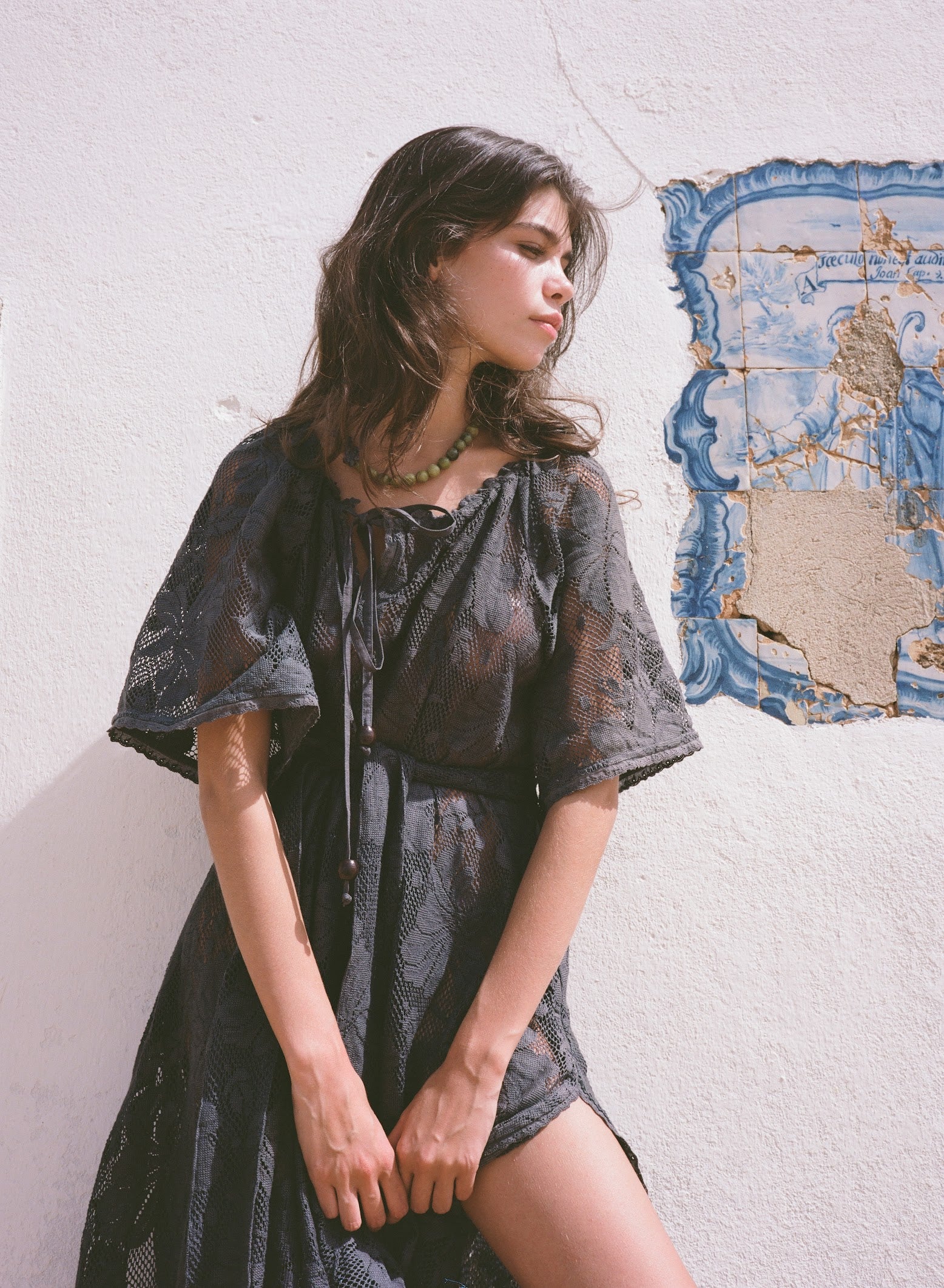 Kinga Csilla Midnight Lace Primavera Maxi Dress in midnight — front slit and pockets detail, flowing kaftan silhouette