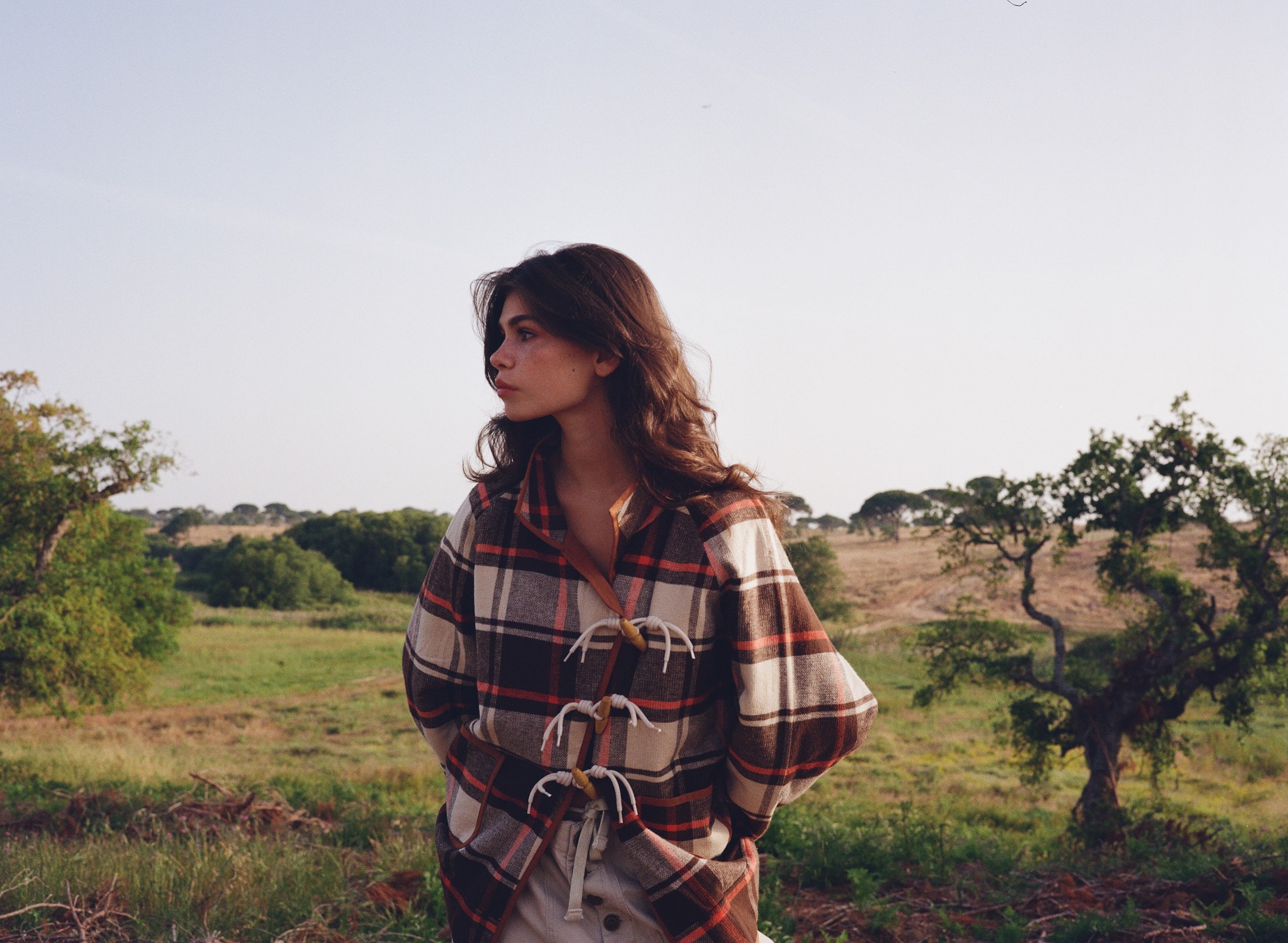 Kinga Csilla Rally Quilted Cocoon Jacket in tartan check — oversized cocoon silhouette in cream, rust and dark brown check