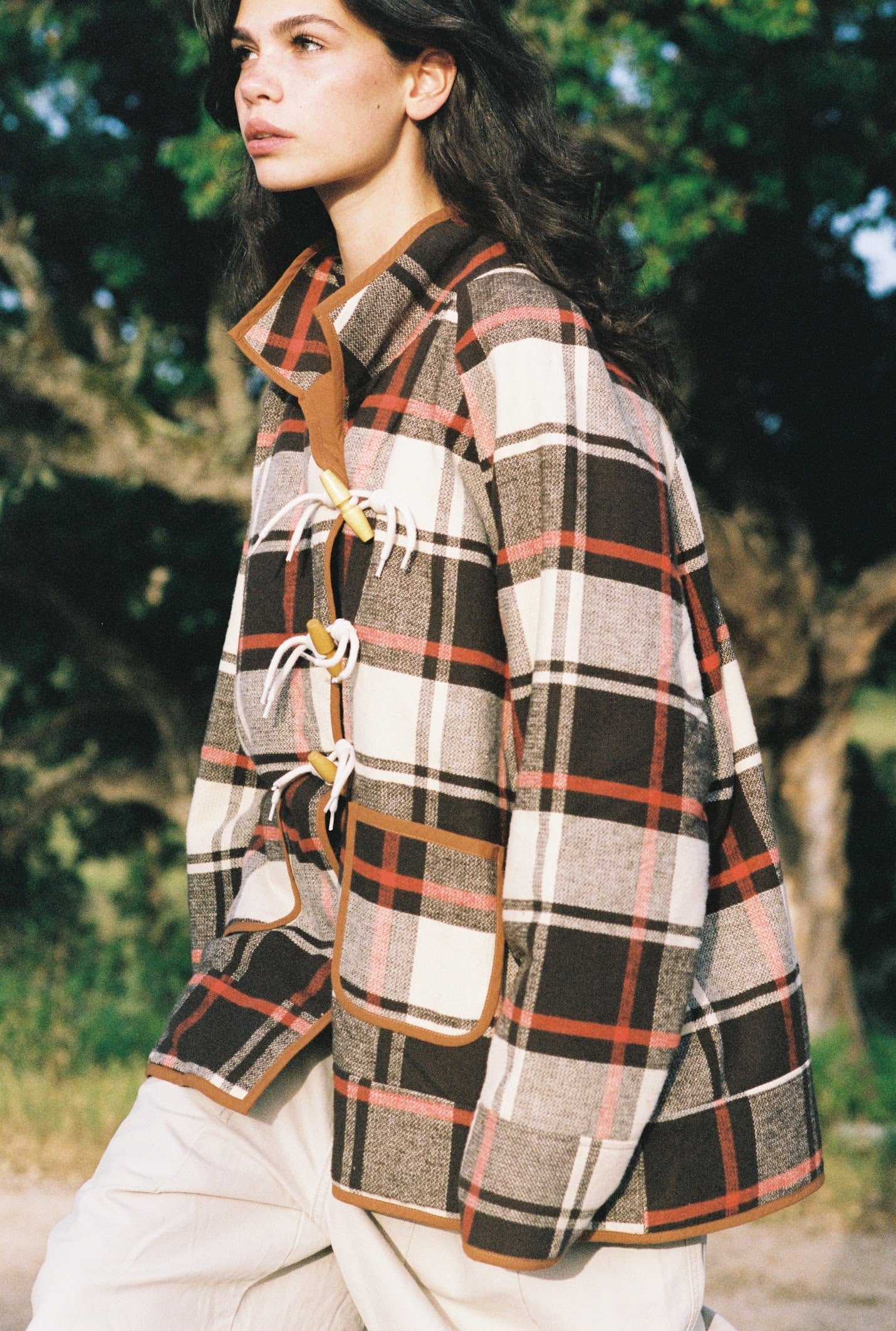 Kinga Csilla Rally Quilted Cocoon Jacket in tartan check — toggle fastenings at front and camel leather-look trim at collar