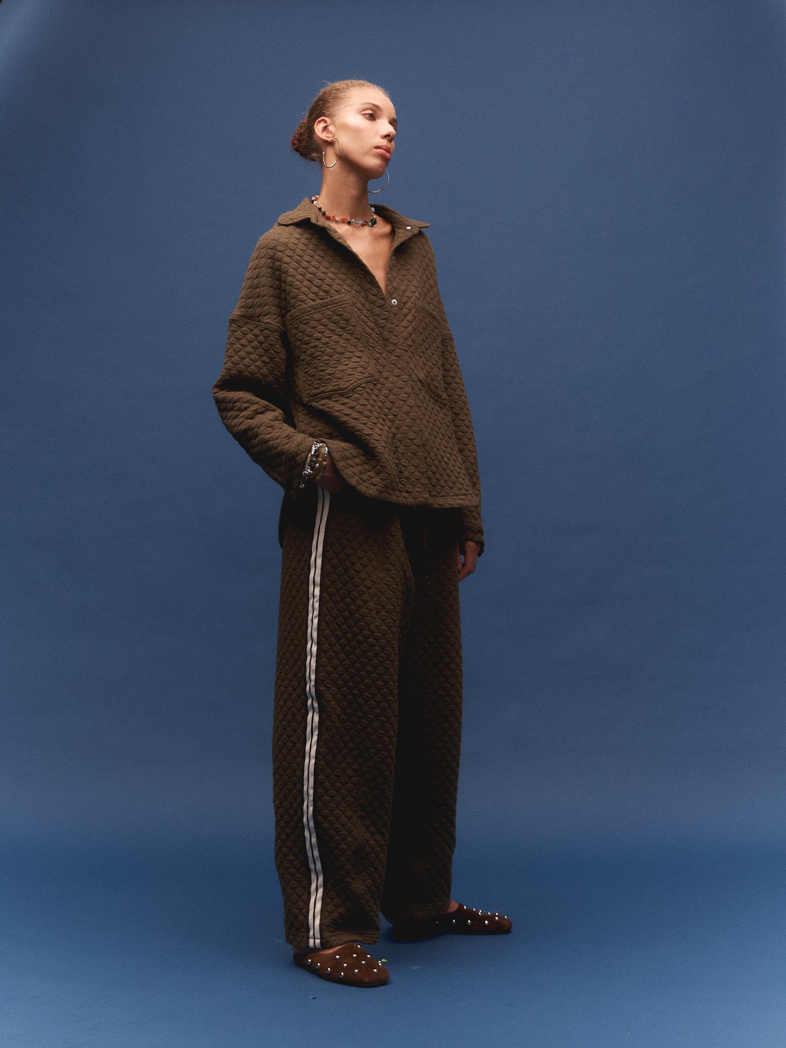 Kinga Csilla Sabbia Quilted Double Pocket Shirt in dark brown — oversized diamond-quilted shirt with snap button front and double chest pockets