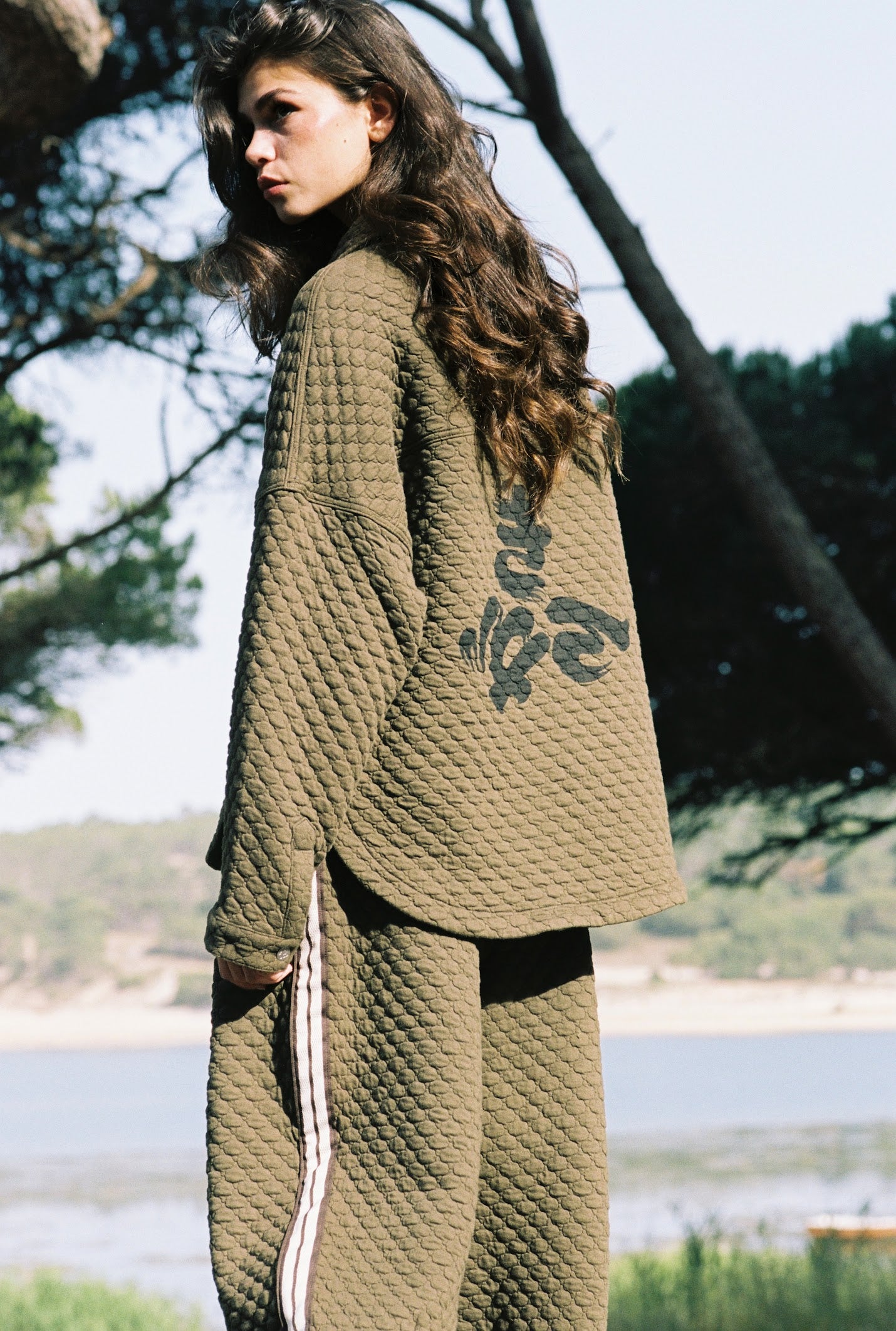 Kinga Csilla Sabbia Quilted Double Pocket Shirt in olive — back detail showing tonal embroidered motif, Domenica Collection