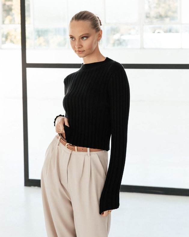 Black Knit Ribbed Top
