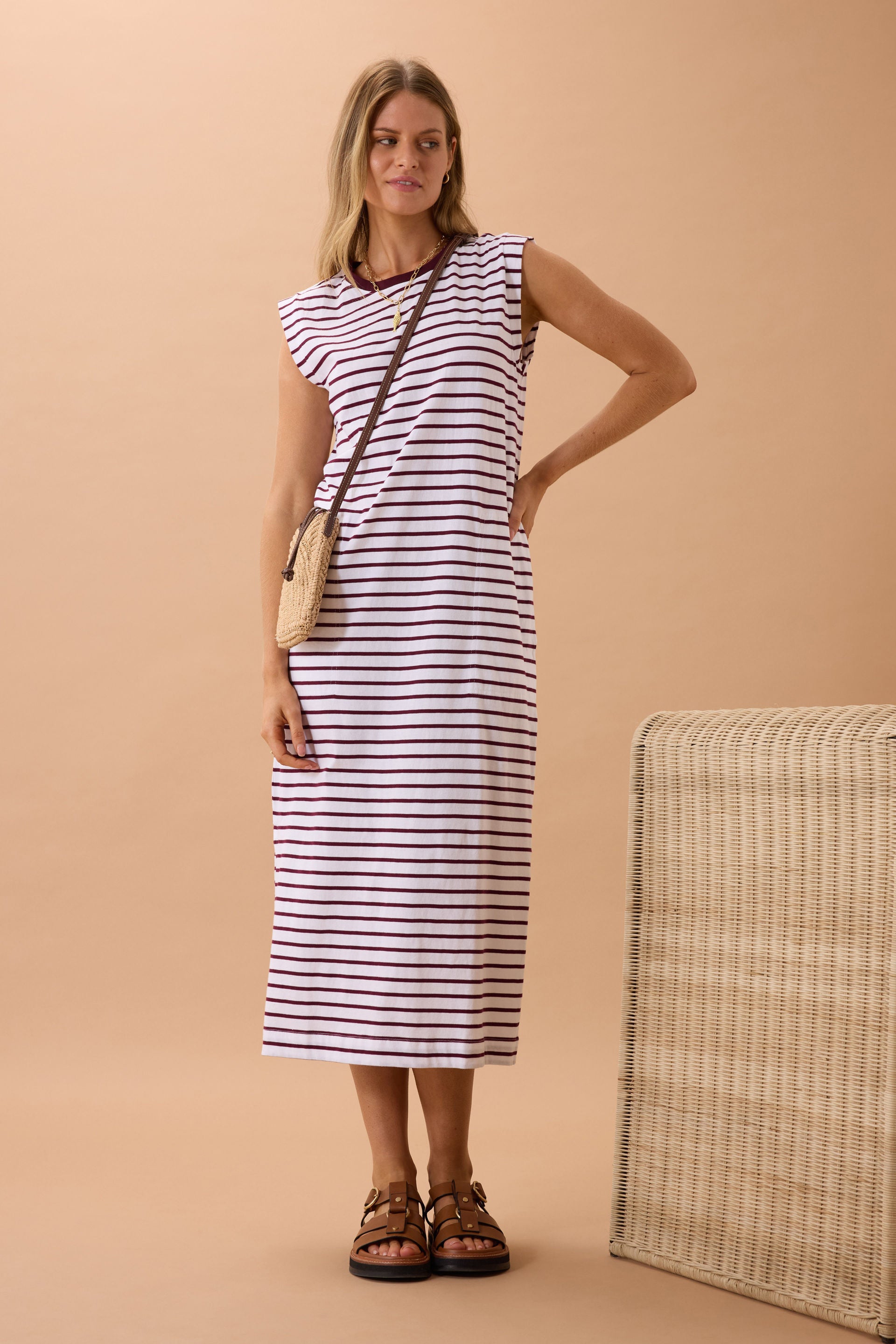 Ceres Life | Paloma Dress - White/Pomegranate Stripe