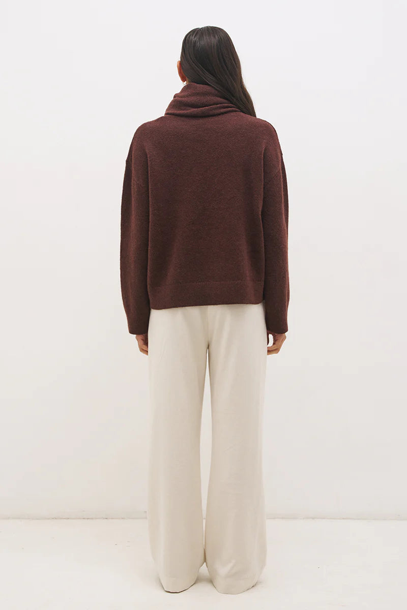 Mon Renn Scarf Knit Jumper in Cacao — back view, oversized knit silhouette in cacao brown with dropped shoulders