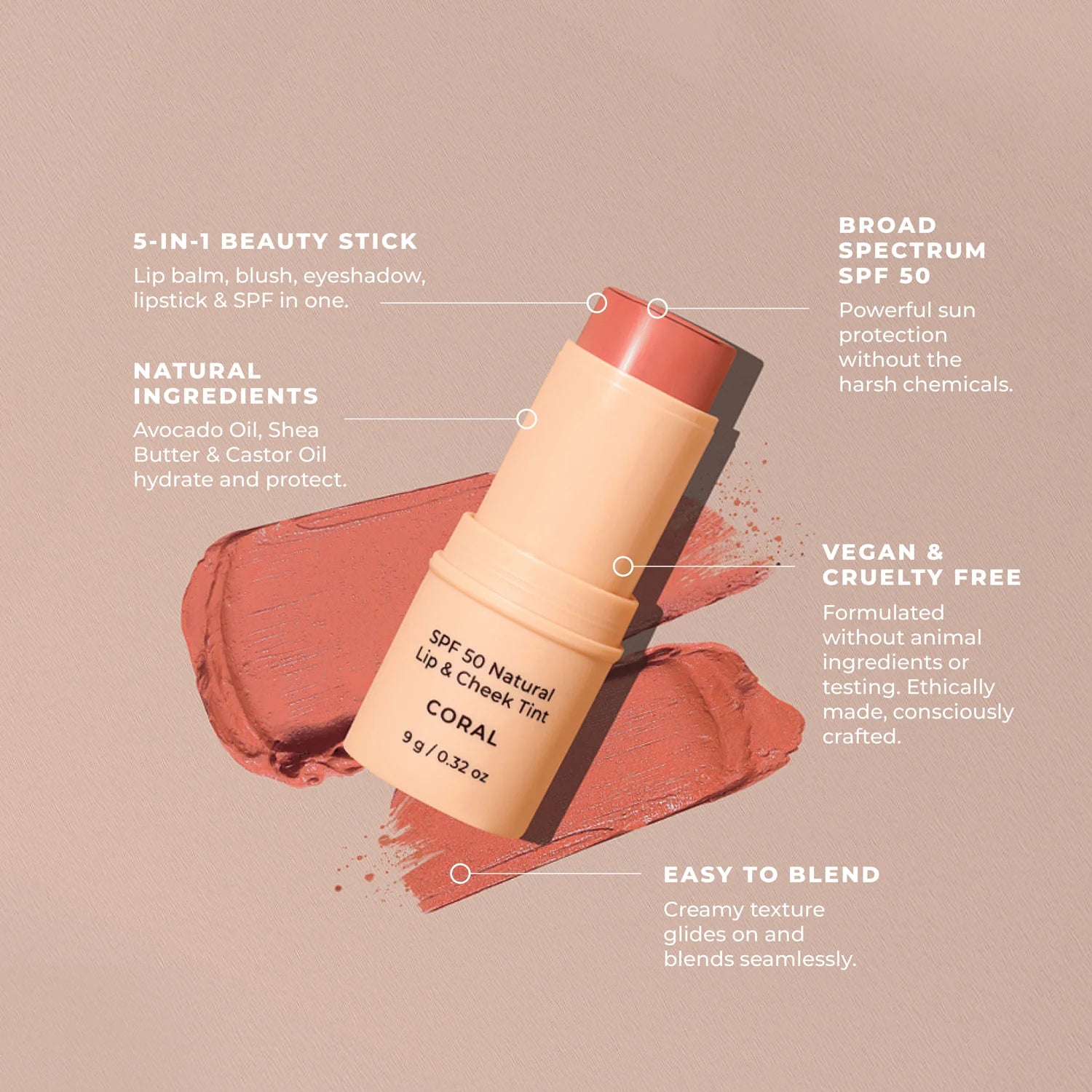 Avocado Zinc | SPF 50 Natural Lip & Cheek Tint - Coral