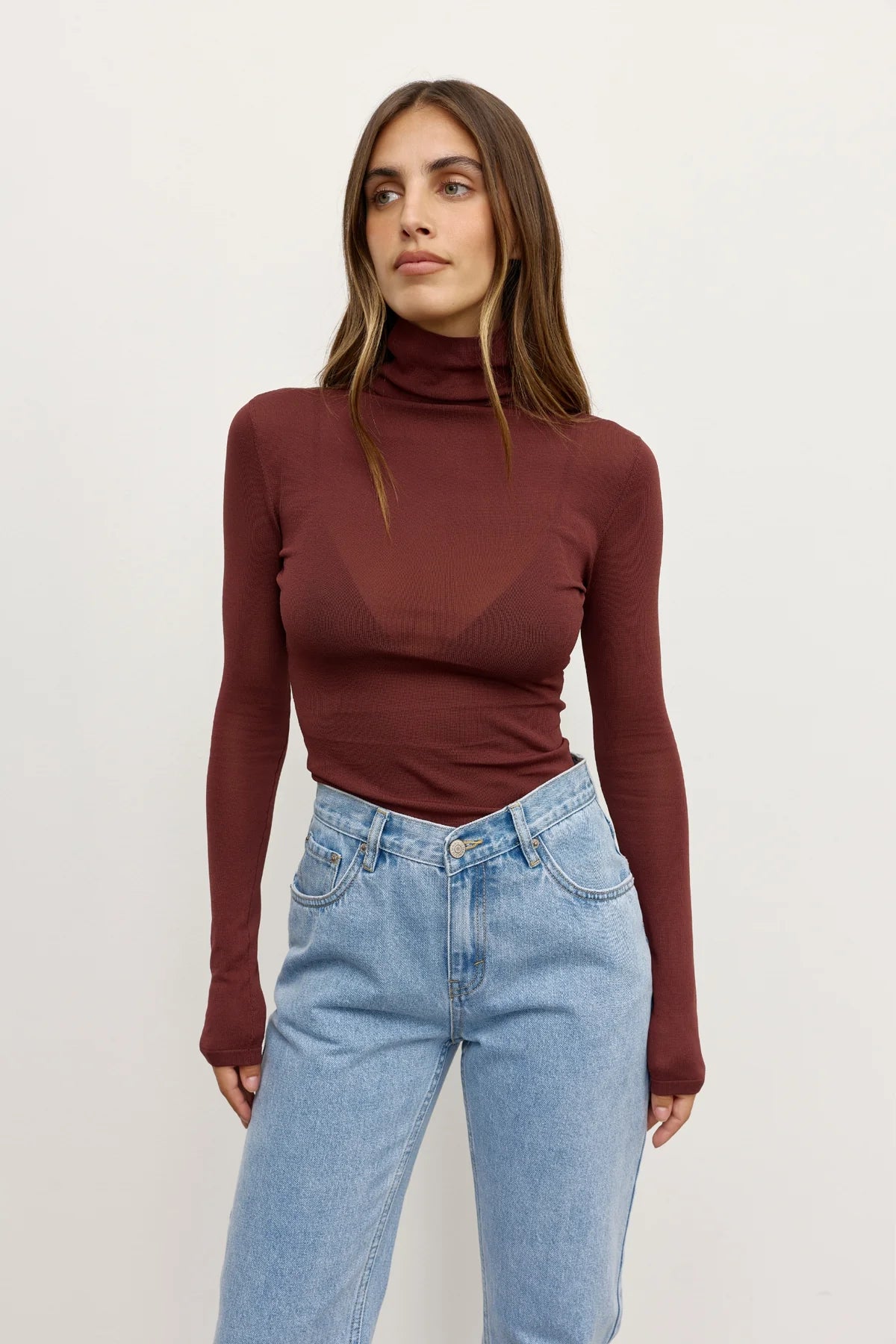 Bayse Airlie Top in Burgundy - side view showing slim long-sleeve silhouette