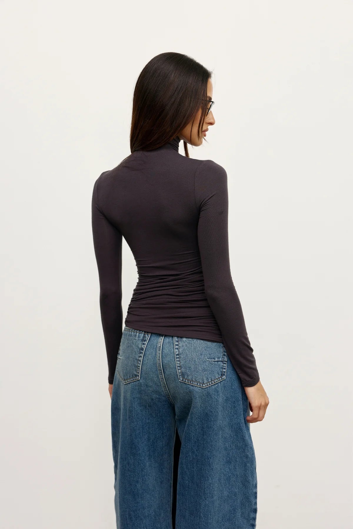 Bayse Isley Top Charcoal - full length view styled with wide-leg denim