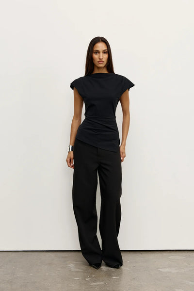 Bayse Liana Top in Black - front view, soft boat neckline with asymmetric hem