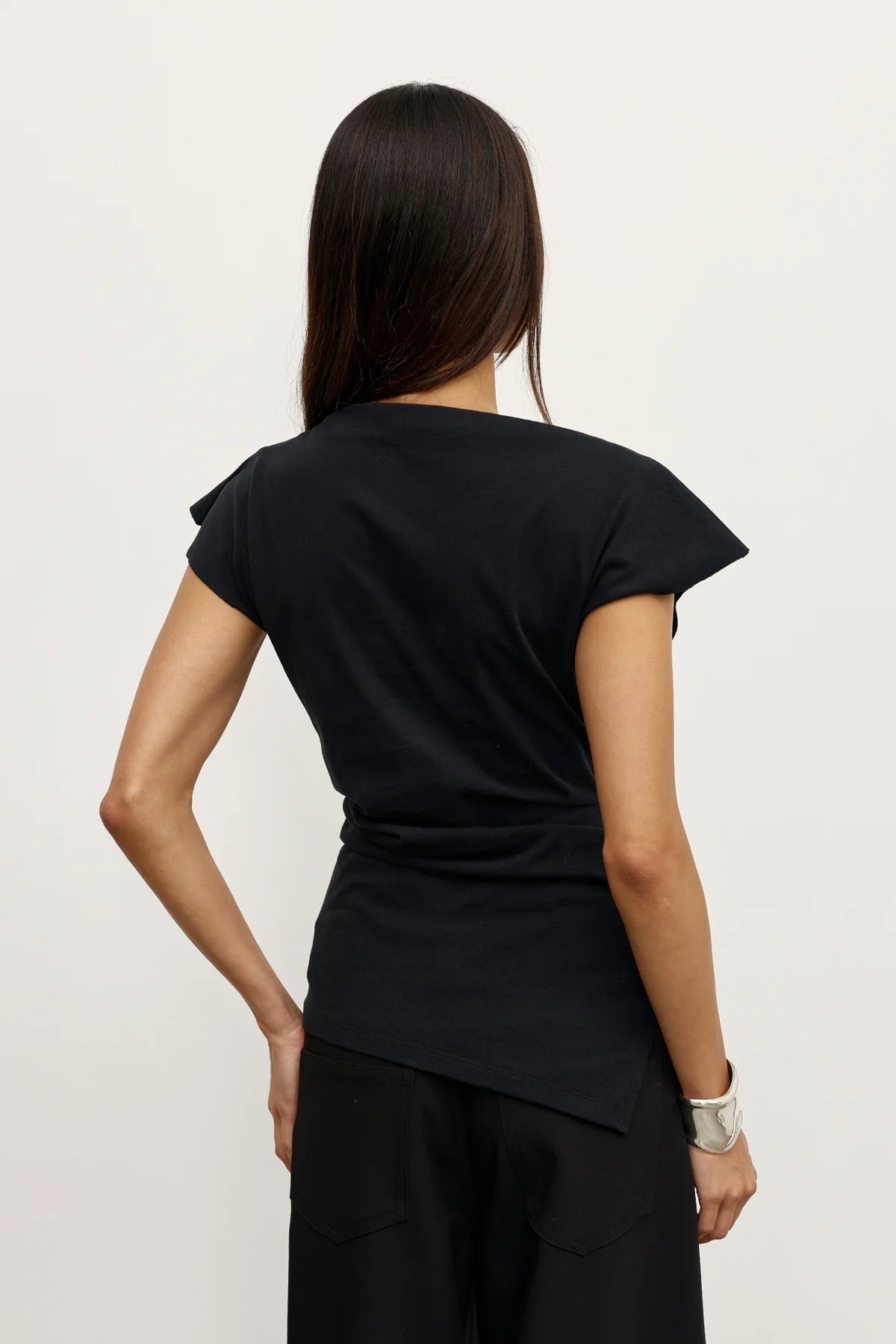 Bayse Liana Top Black - full length view styled with wide-leg trousers