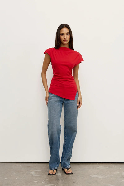 Bayse Liana Top in Red - front view, boat neckline with asymmetric hem in bold red