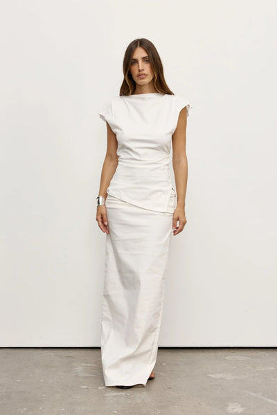 Bayse Liana Top in White - front view, soft boat neckline with asymmetric hem