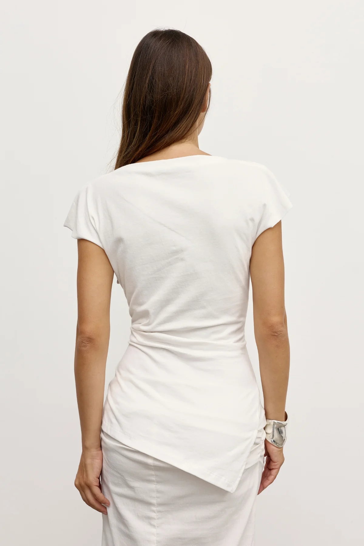 Bayse Liana Top White - full length view styled with wide-leg linen trousers