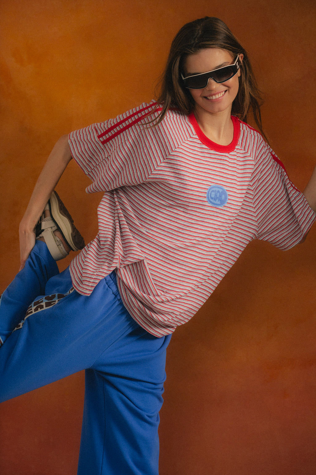 Ciao Ciao Vacation Rays Racer Tee - detail of red raglan sleeve panel and contrast neckline