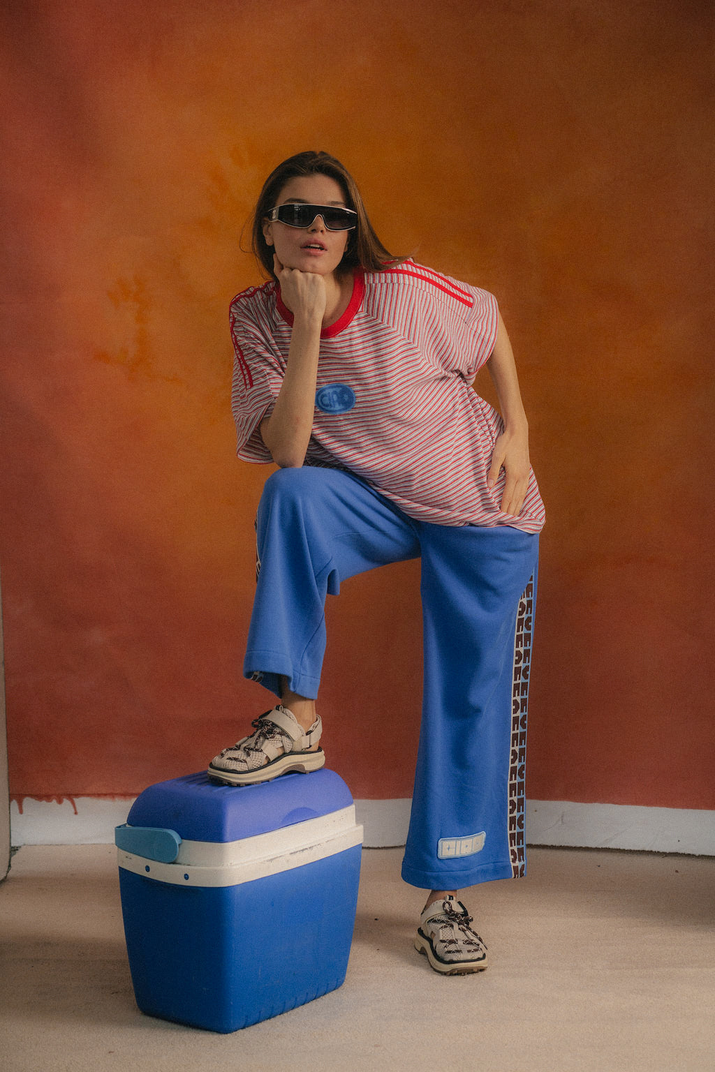 Ciao Ciao Vacation Cobalt Bobbie Pant - campaign shot showing relaxed jersey fabric and drape