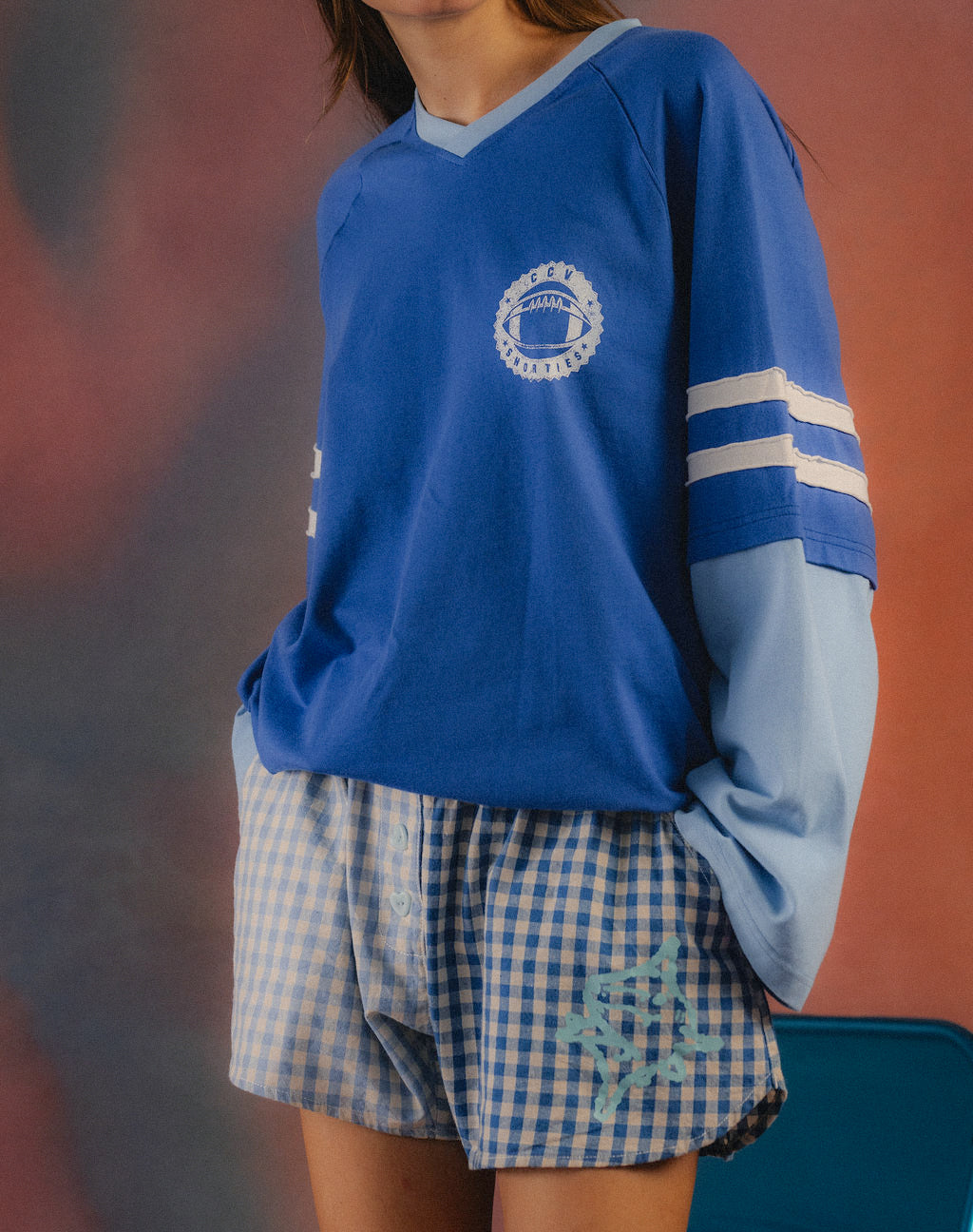 Ciao Ciao Vacation Imperial Double Trouble LS Tee - detail of double white stripe tape on raglan sleeve