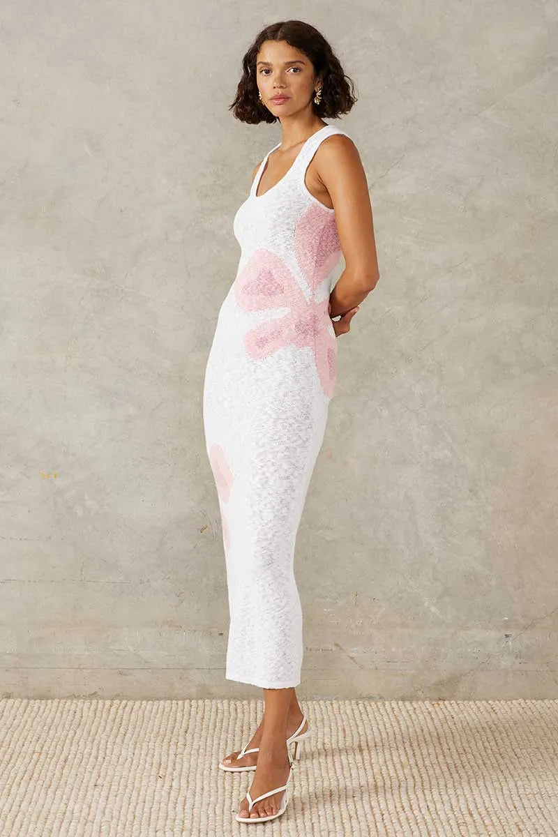 Mon Renn | Bloom Knit Midi Dress - White/Pink