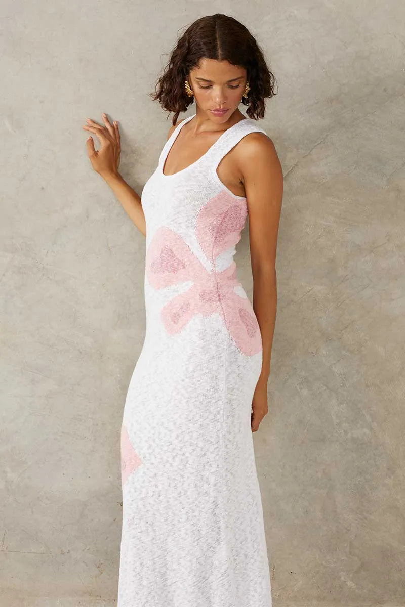 Mon Renn | Bloom Knit Midi Dress - White/Pink