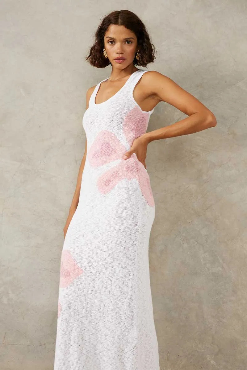 Mon Renn | Bloom Knit Midi Dress - White/Pink