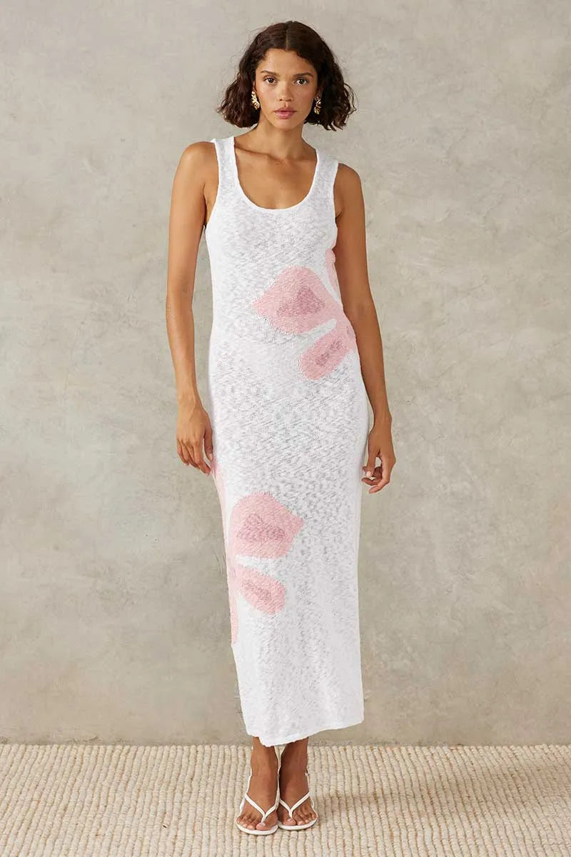 Mon Renn | Bloom Knit Midi Dress - White/Pink