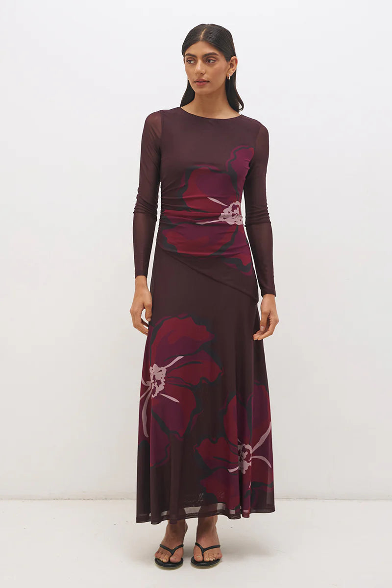 Mon Renn Lima Maxi Dress in Cherry Floral — full length front view showing fit and flare silhouette, sheer long sleeves, and bold oversized cherry floral print on deep burgundy mesh