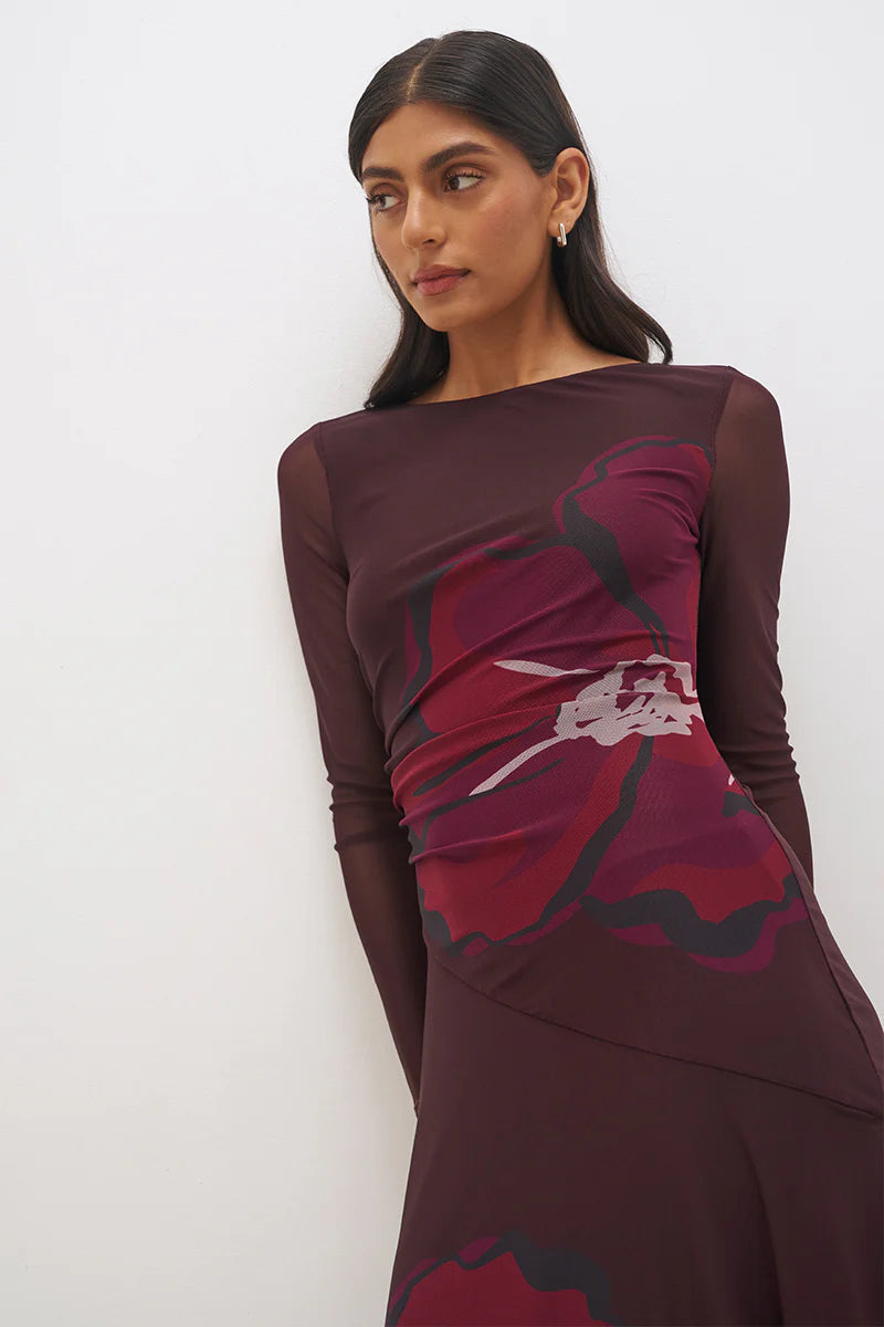 Mon Renn Lima Maxi Dress in Cherry Floral — close-up chest-up shot showing boat neckline, sheer long sleeves and large-scale cherry floral print with side gather at torso