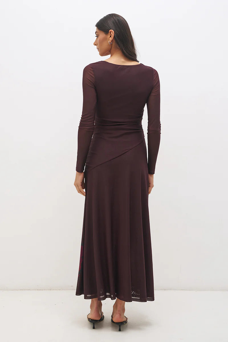 Mon Renn Lima Maxi Dress in Cherry Floral — back view showing clean back neckline, sheer long sleeves and angled dropped waist seam on deep cherry burgundy mesh