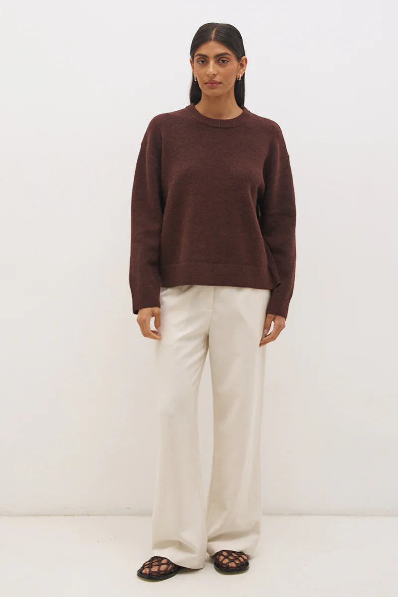 Mon Renn Scarf Knit Jumper in Cacao — full length front view without scarf, showing crew neckline and oversized silhouette with dropped shoulders