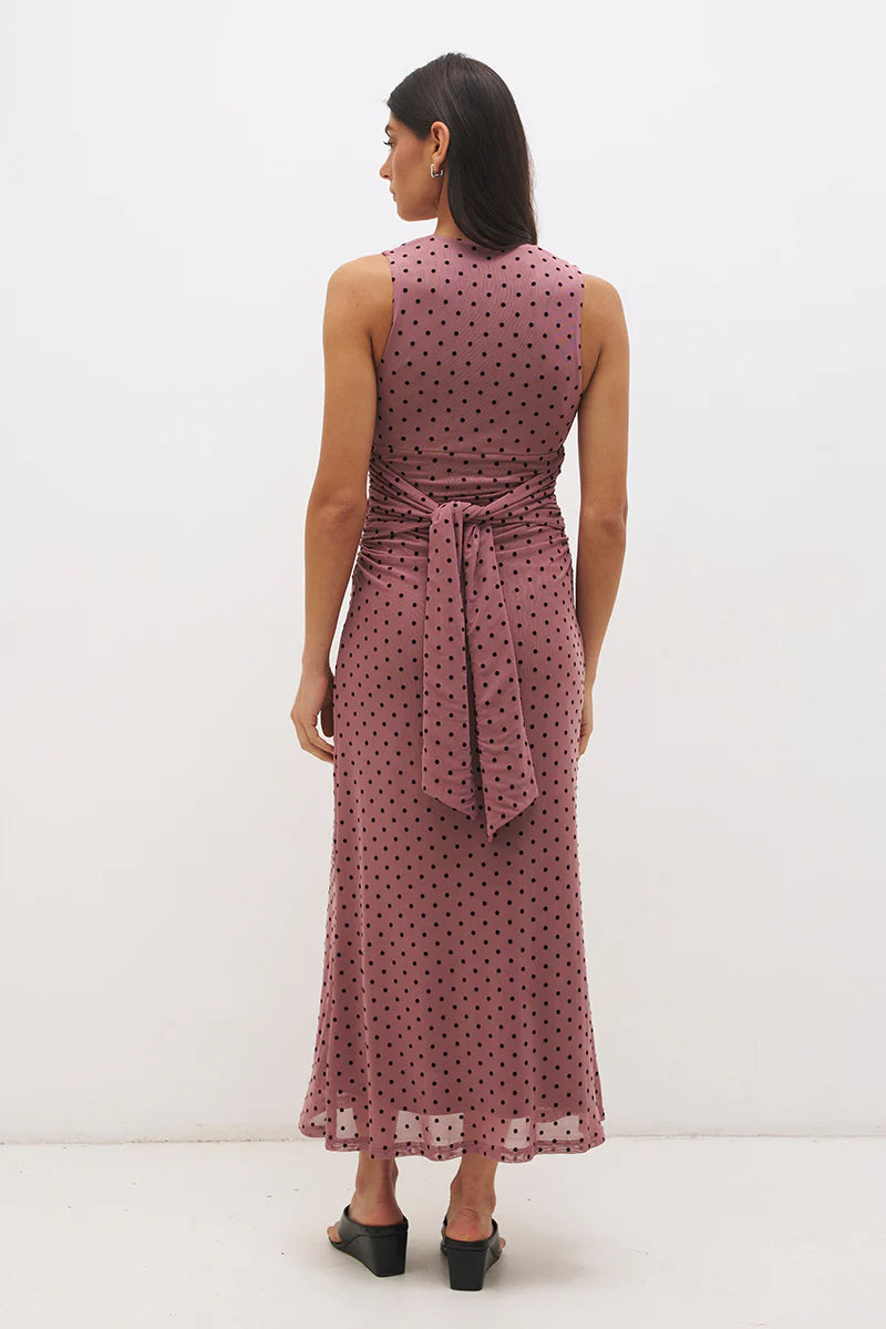 Mon Renn Sonata Spot Dress in Rosewood And Black — back view revealing tie-back detail at waist and full maxi skirt in rosewood polka dot mesh