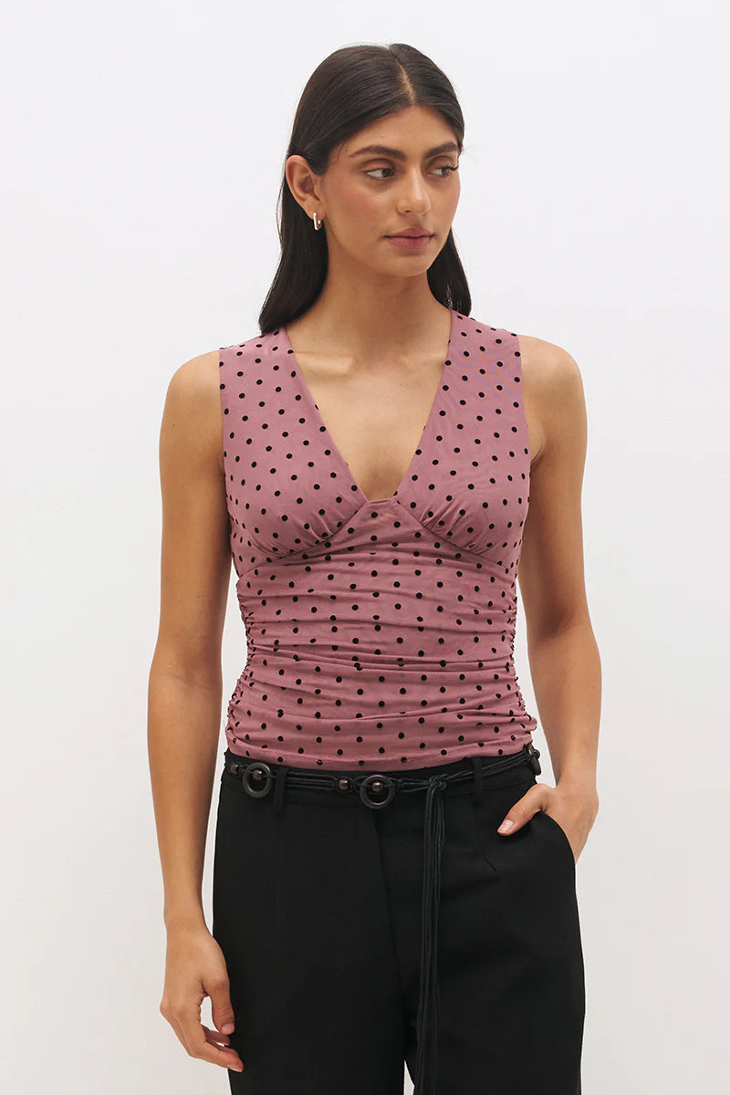 Mon Renn Sonata Spot Top in Rosewood And Black — cropped upper body shot showing plunging V-neckline, ruched empire seam and bodice gathering in flocked rosewood polka dot mesh
