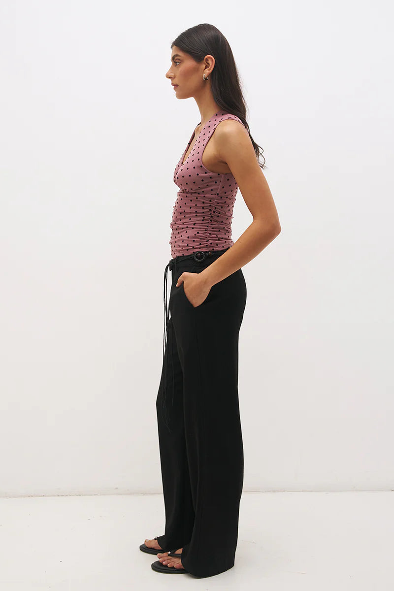 Mon Renn Sonata Spot Top in Rosewood And Black — side profile view showing body-skimming silhouette, empire ruching and ruched mesh from the side