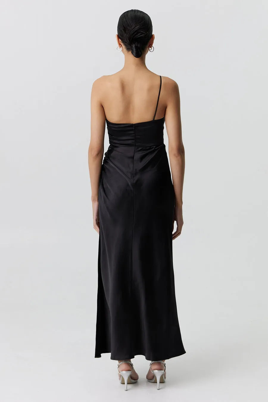 Third Form | Satin Gather One Shoulder Dress - Black